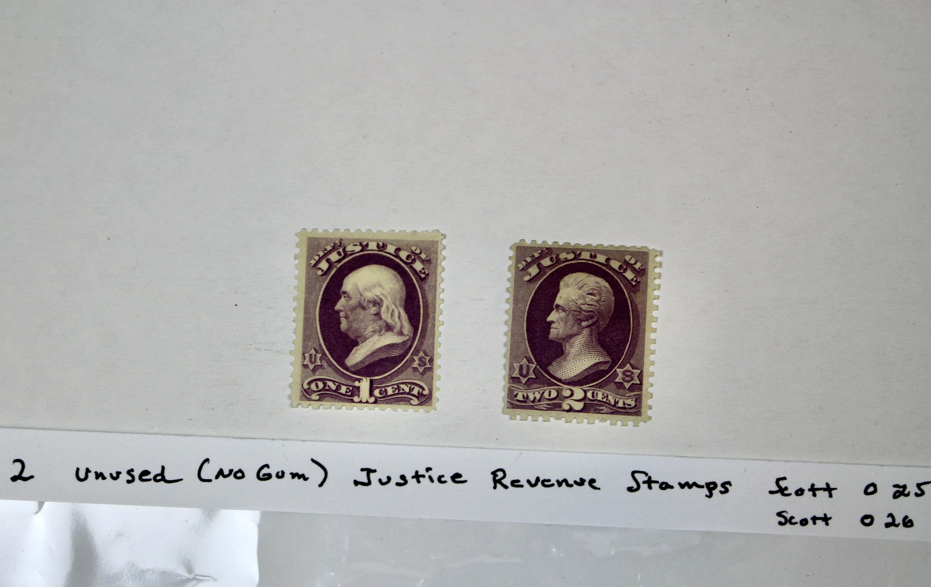 Two Unused Justice Revenue Stamps, Scott 025 and 026, 1873