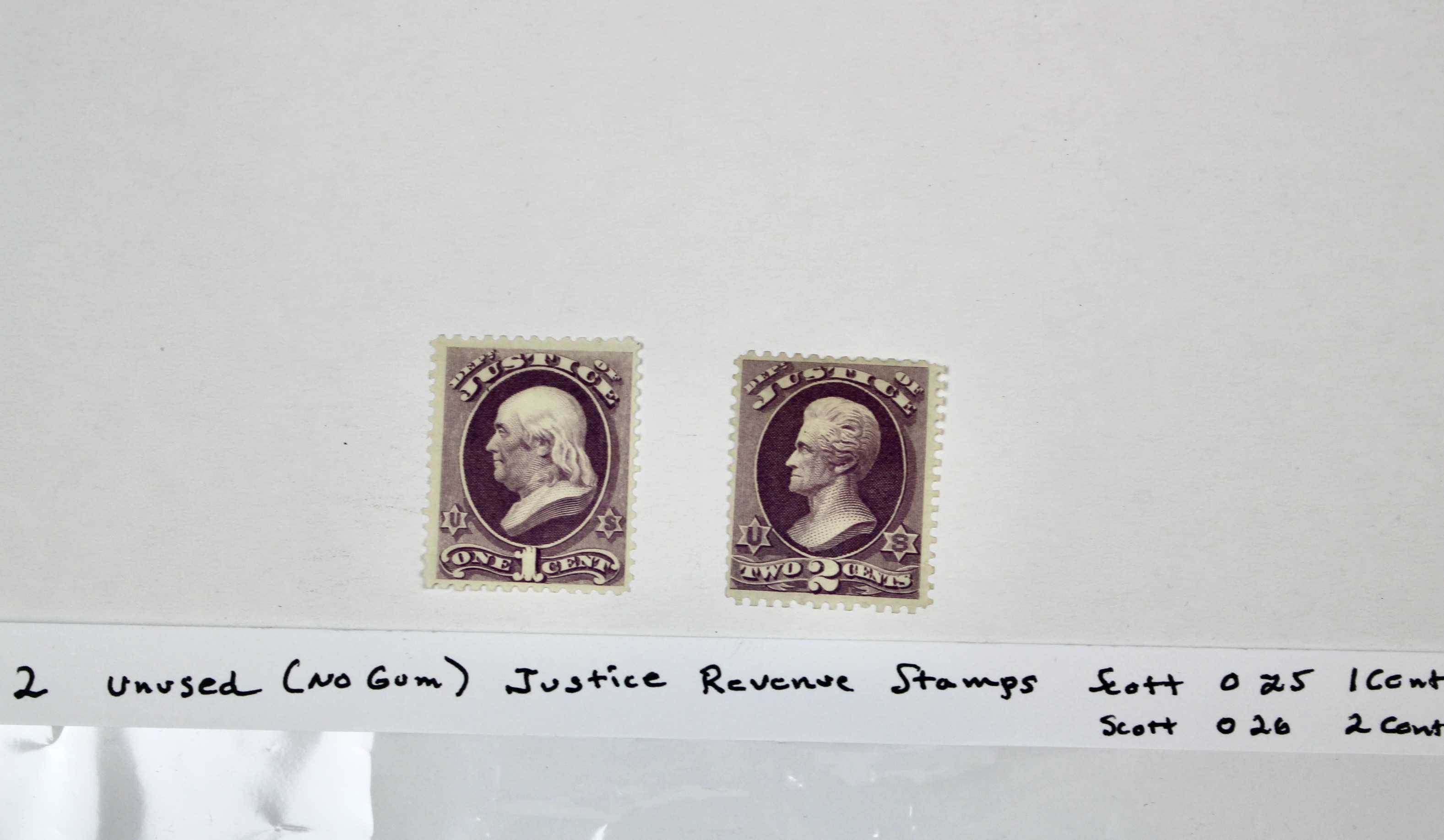 Two Unused Justice Revenue Stamps, Scott 025 and 026, 1873