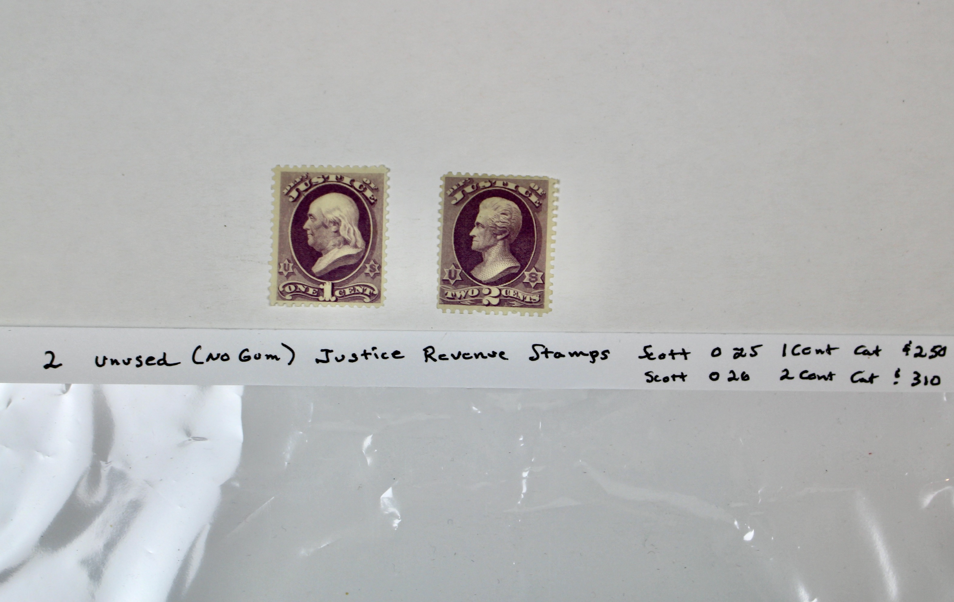 Two Unused Justice Revenue Stamps, Scott 025 and 026, 1873