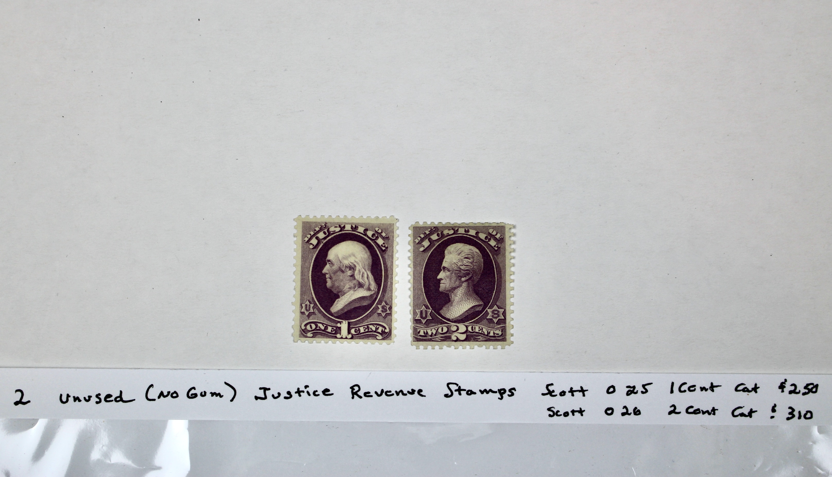 Two Unused Justice Revenue Stamps, Scott 025 and 026, 1873