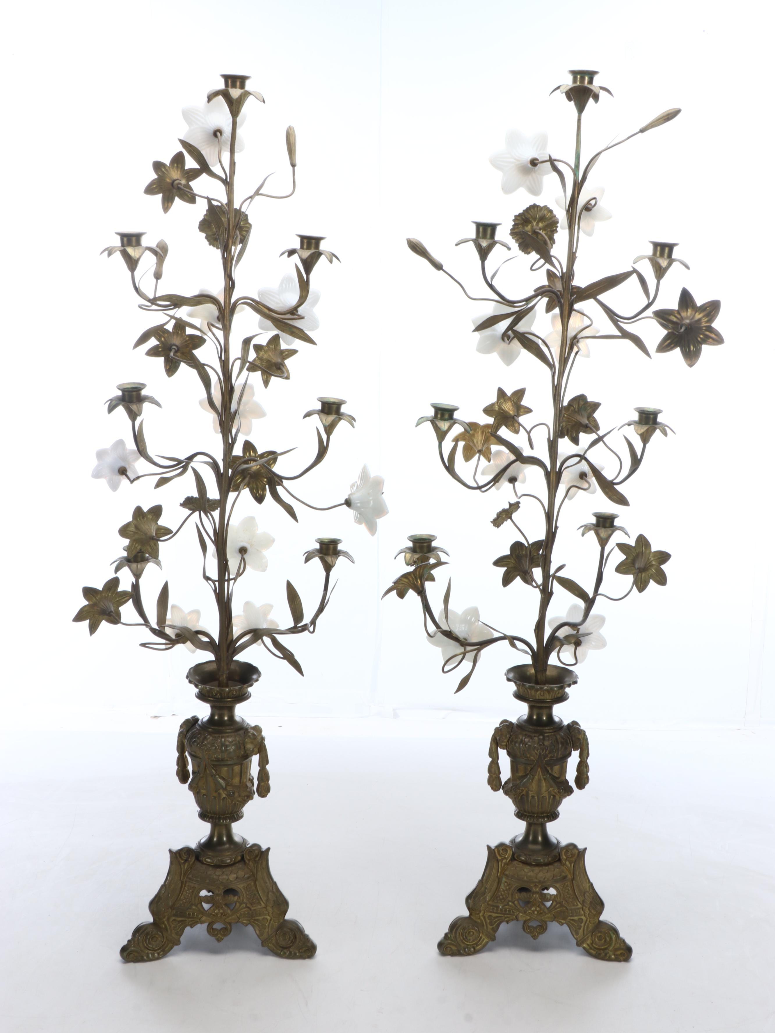 Pair of French Glass and Gilt Bronze Altar Candelabras, Late 19th Century