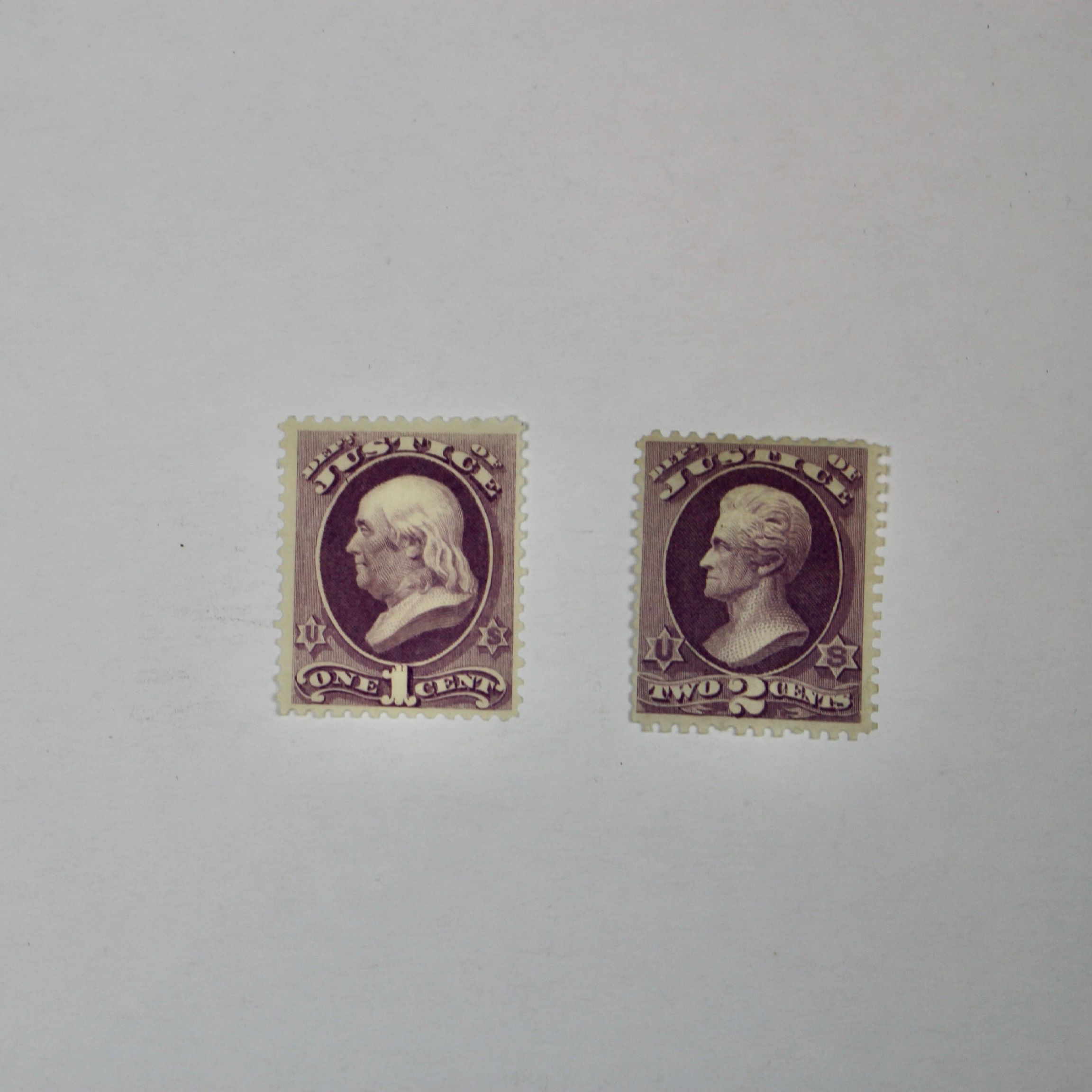 Two Unused Justice Revenue Stamps, Scott 025 and 026, 1873