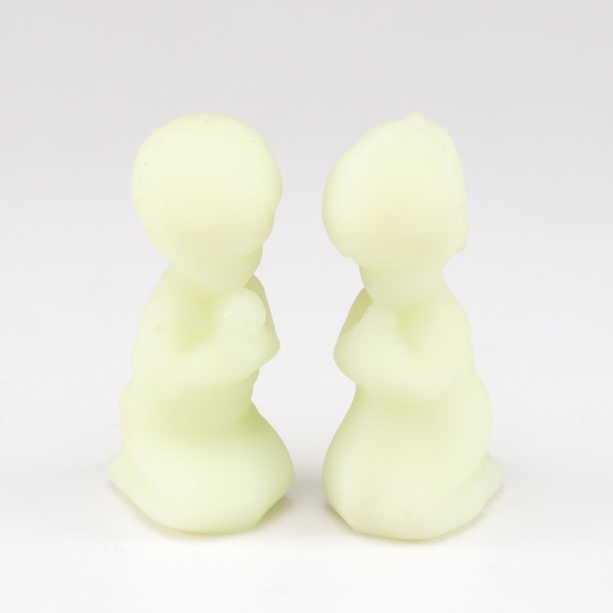 Fenton Custard Glass Praying Girl and Boy with Four Degenhart Glass Shoes