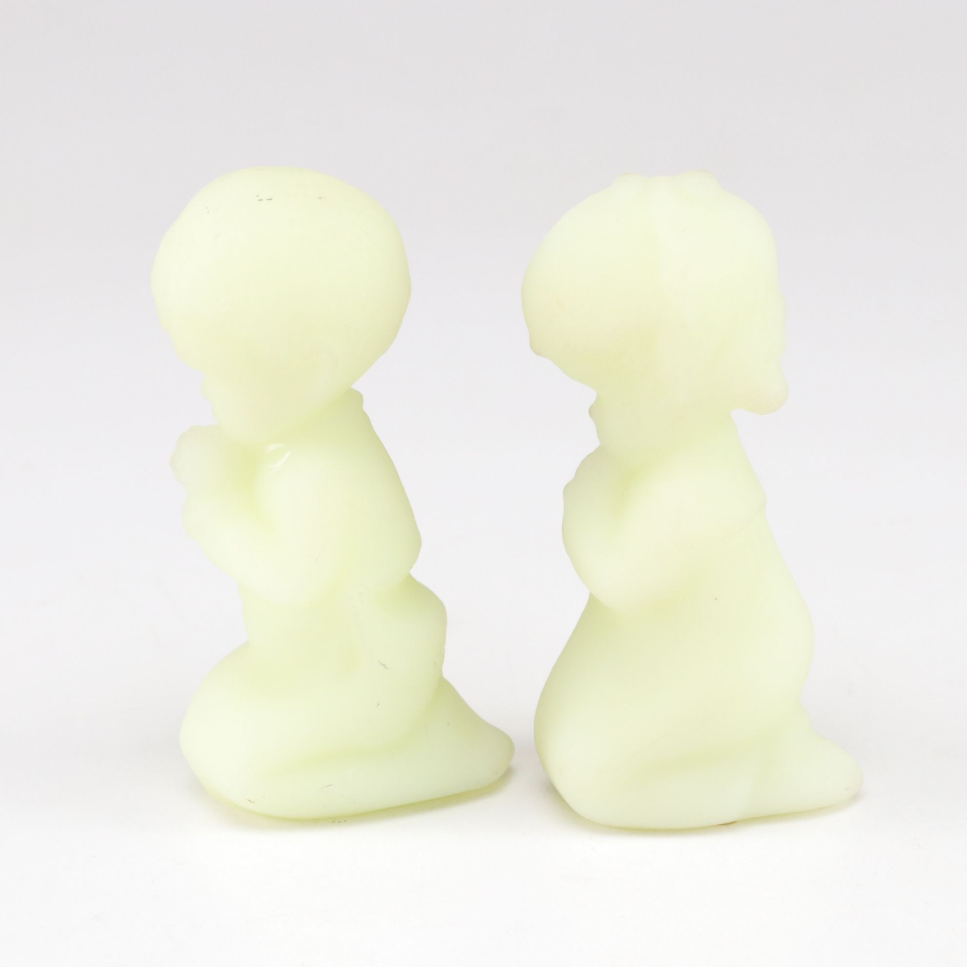 Fenton Custard Glass Praying Girl and Boy with Four Degenhart Glass Shoes