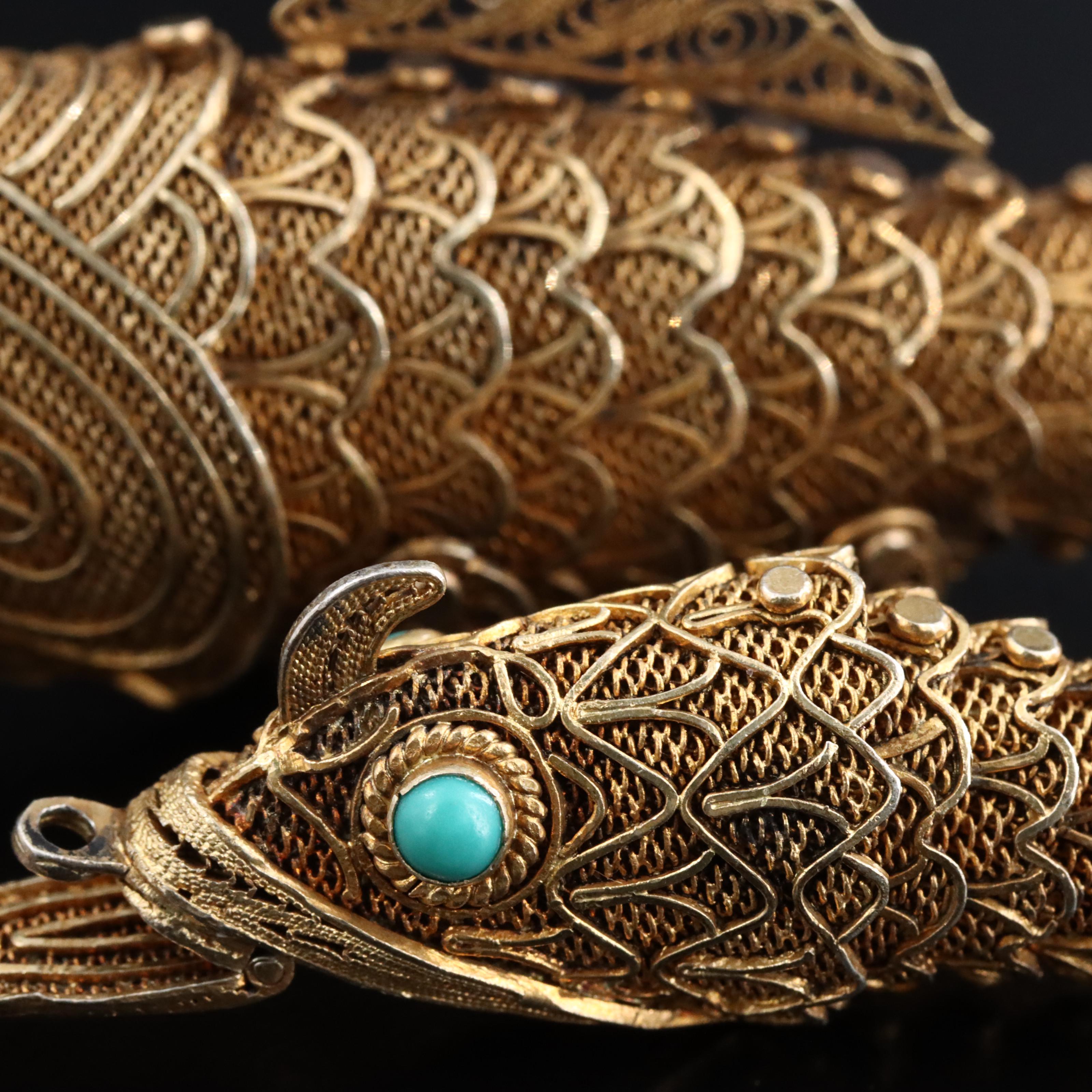 Chinese Sterling Articulated Filigree Feng Shui Koi Fish Pendants with Turquoise