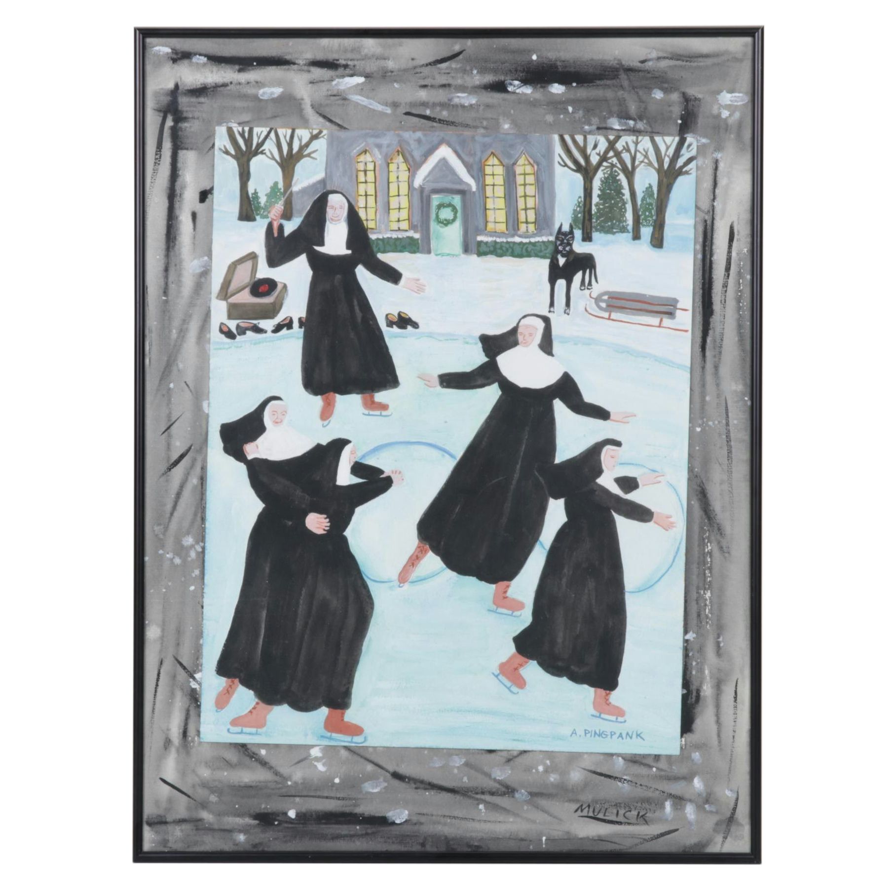 Nancy Mulick Gouache Painting of Ice-Skating Nuns, 1998