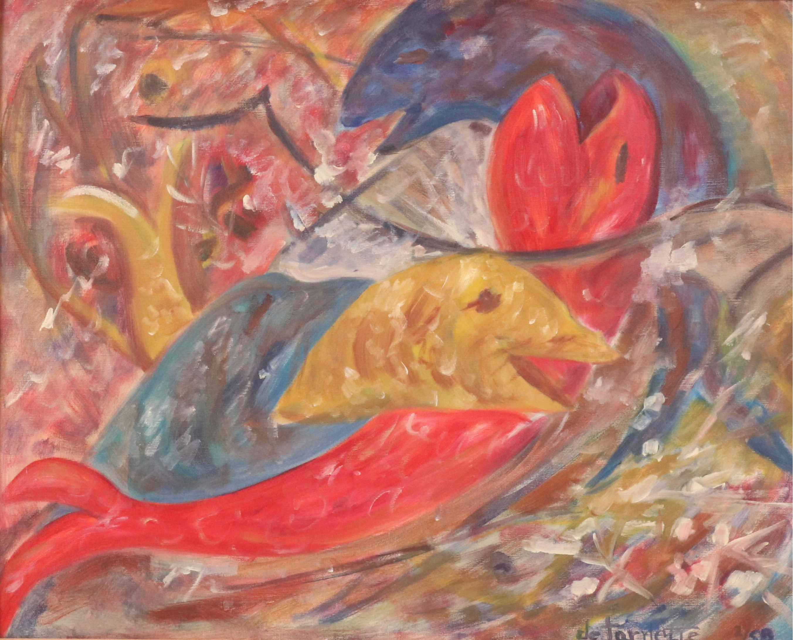 Modernist Oil Painting of Fish in Underwater Scene, 1950