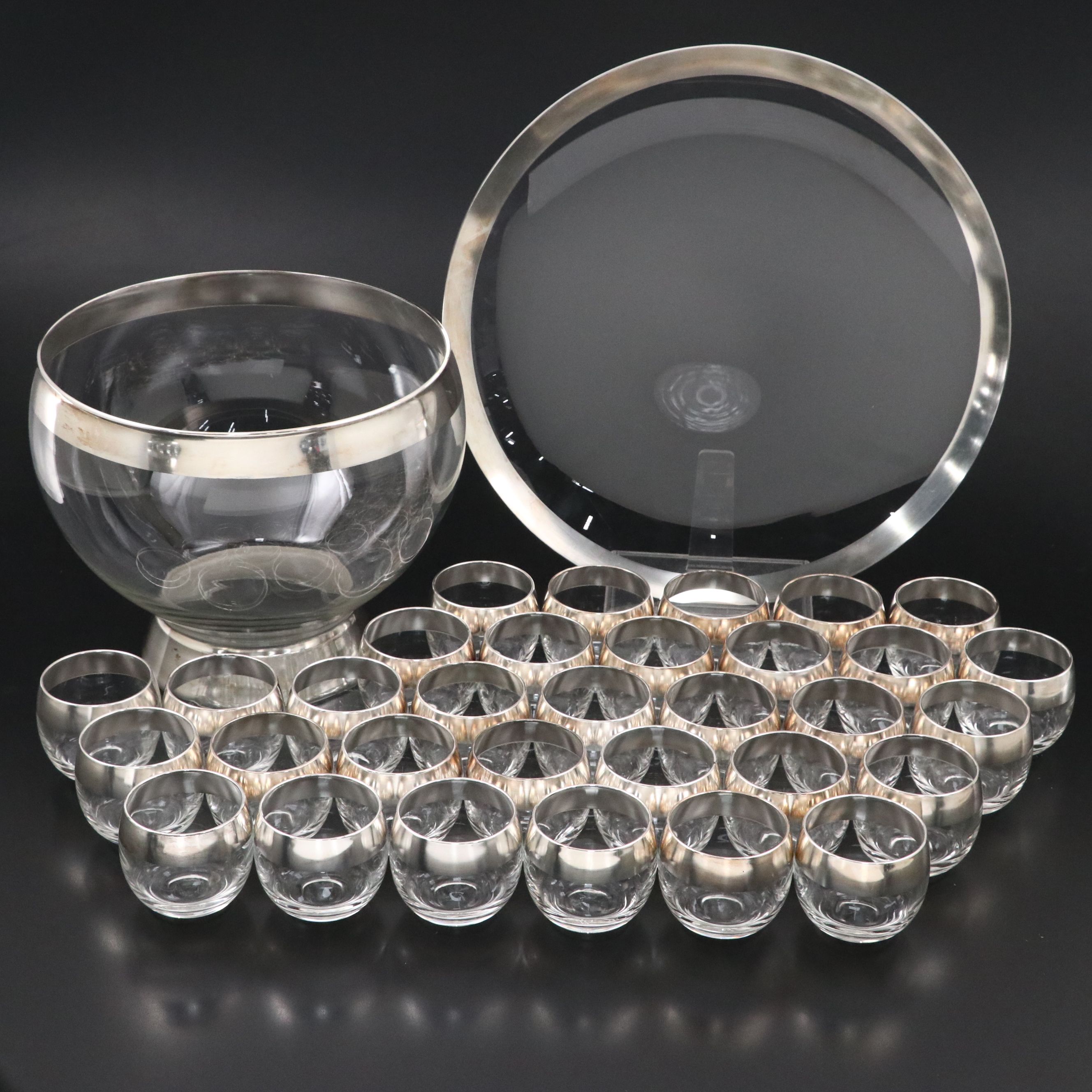 Dorothy C. Thorpe MCM Crystal with Silver Overlay Punch Bowl Set and Platter