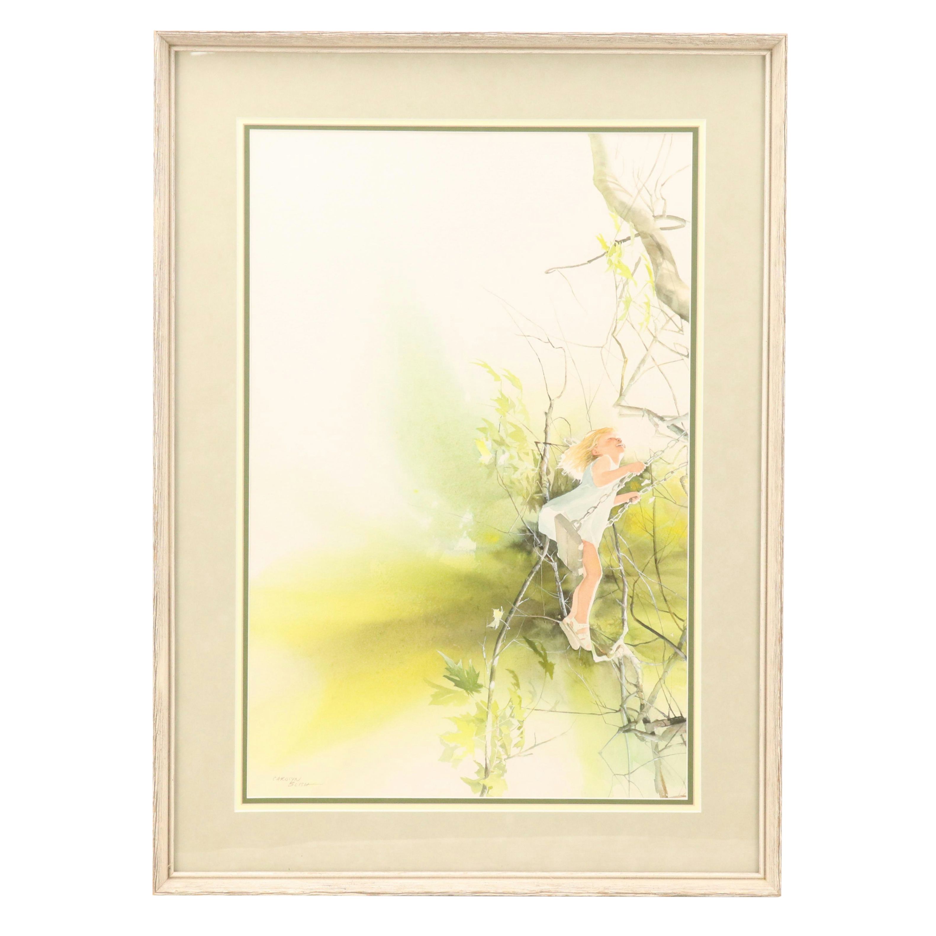 Carolyn Blish Watercolor Painting of Girl on Tree Swing, Late 20th Century