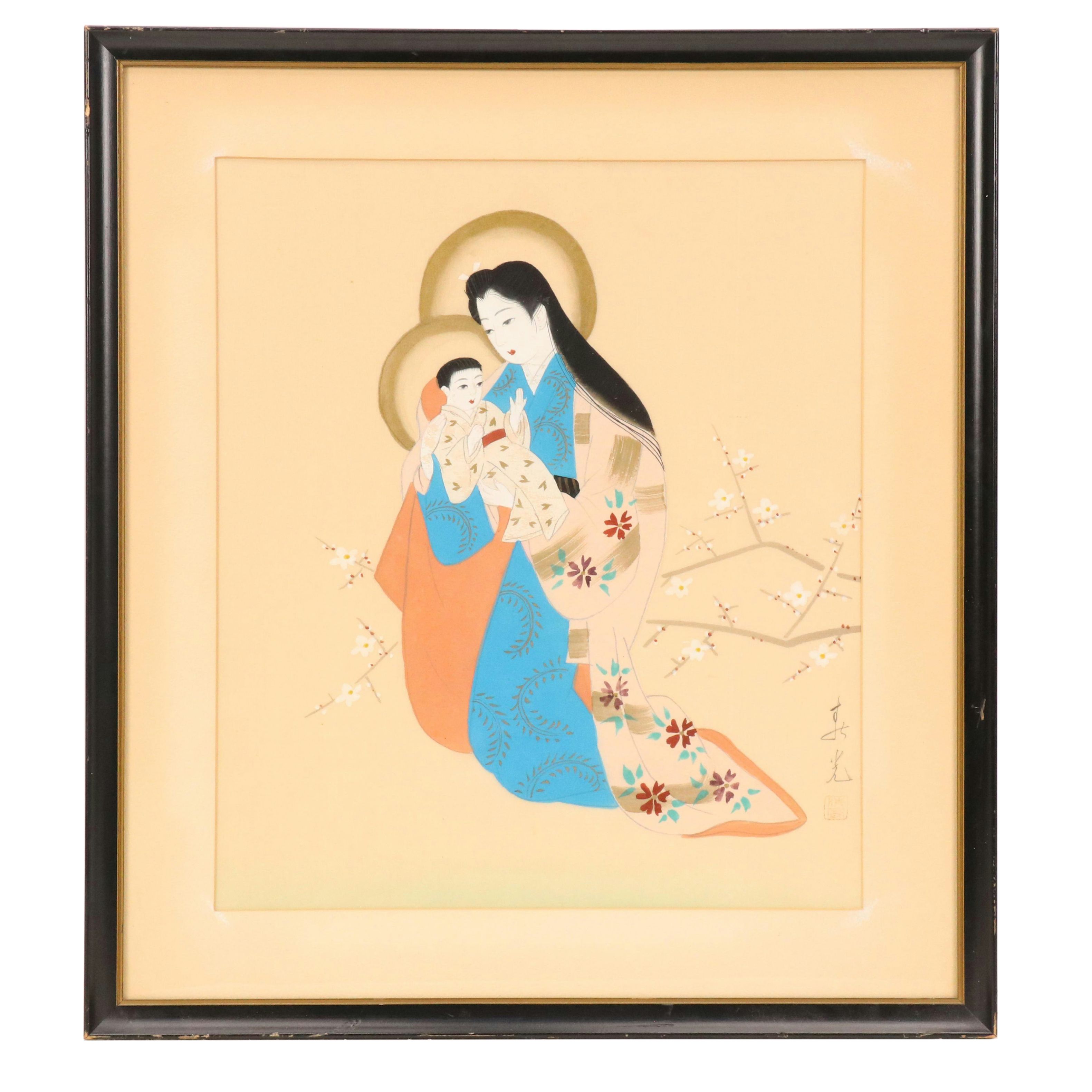 Japanese School Gouache Painting on Silk of Mother and Child with Blossoms