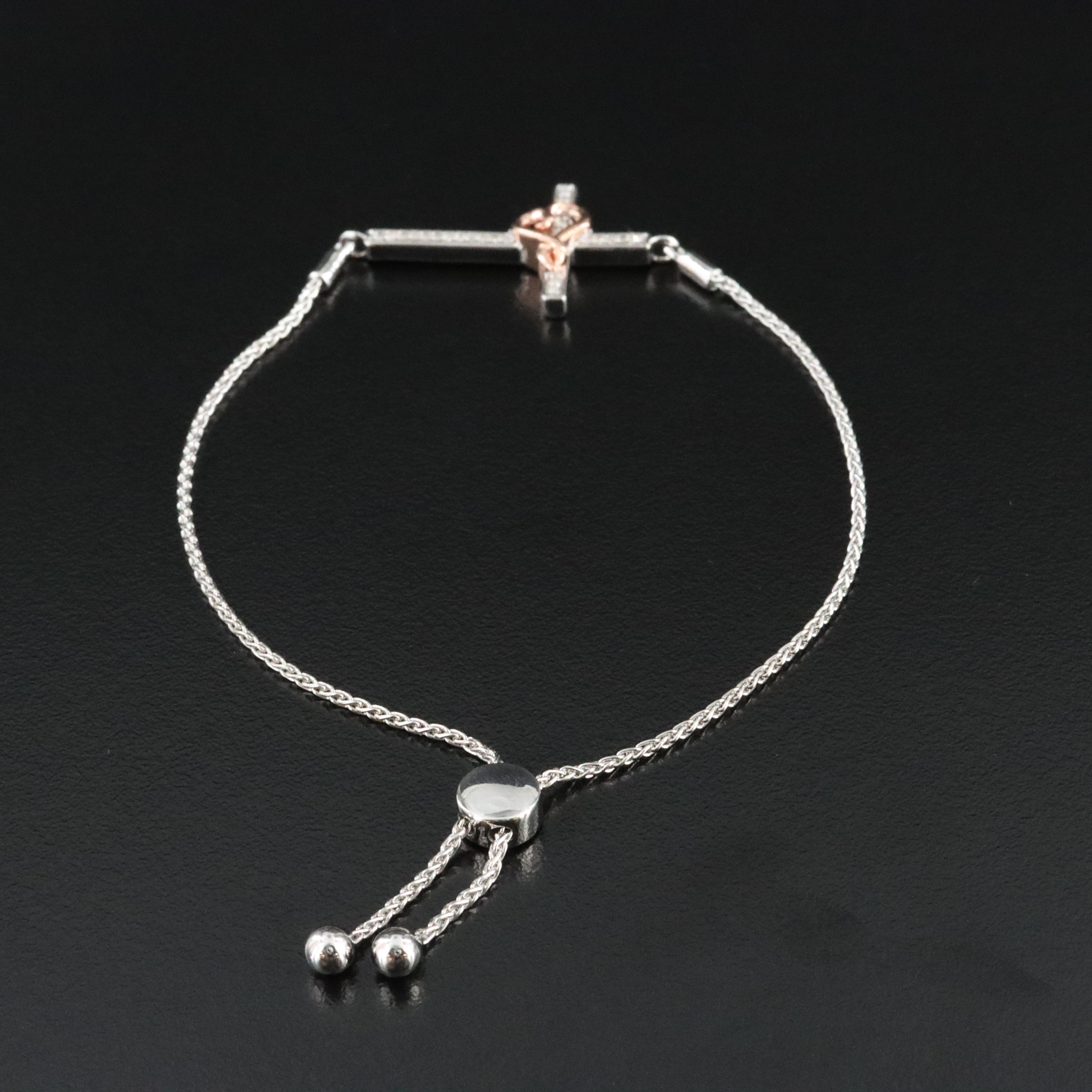 Hallmark Sterling Diamond Cross Bracelet with Rose-Tone Heart Accent