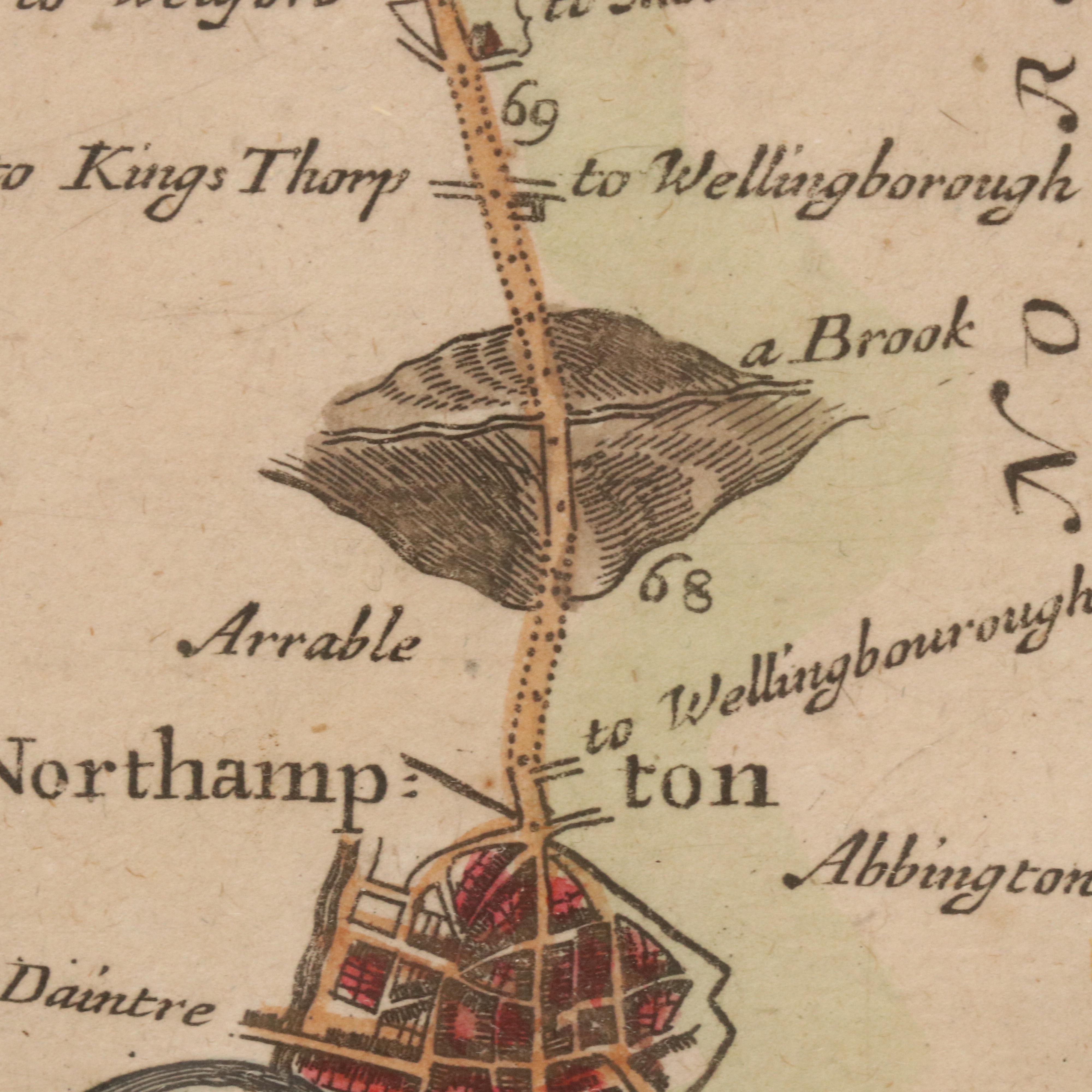 Hand-Colored Enrgaving Map "The Road from London to Darby"