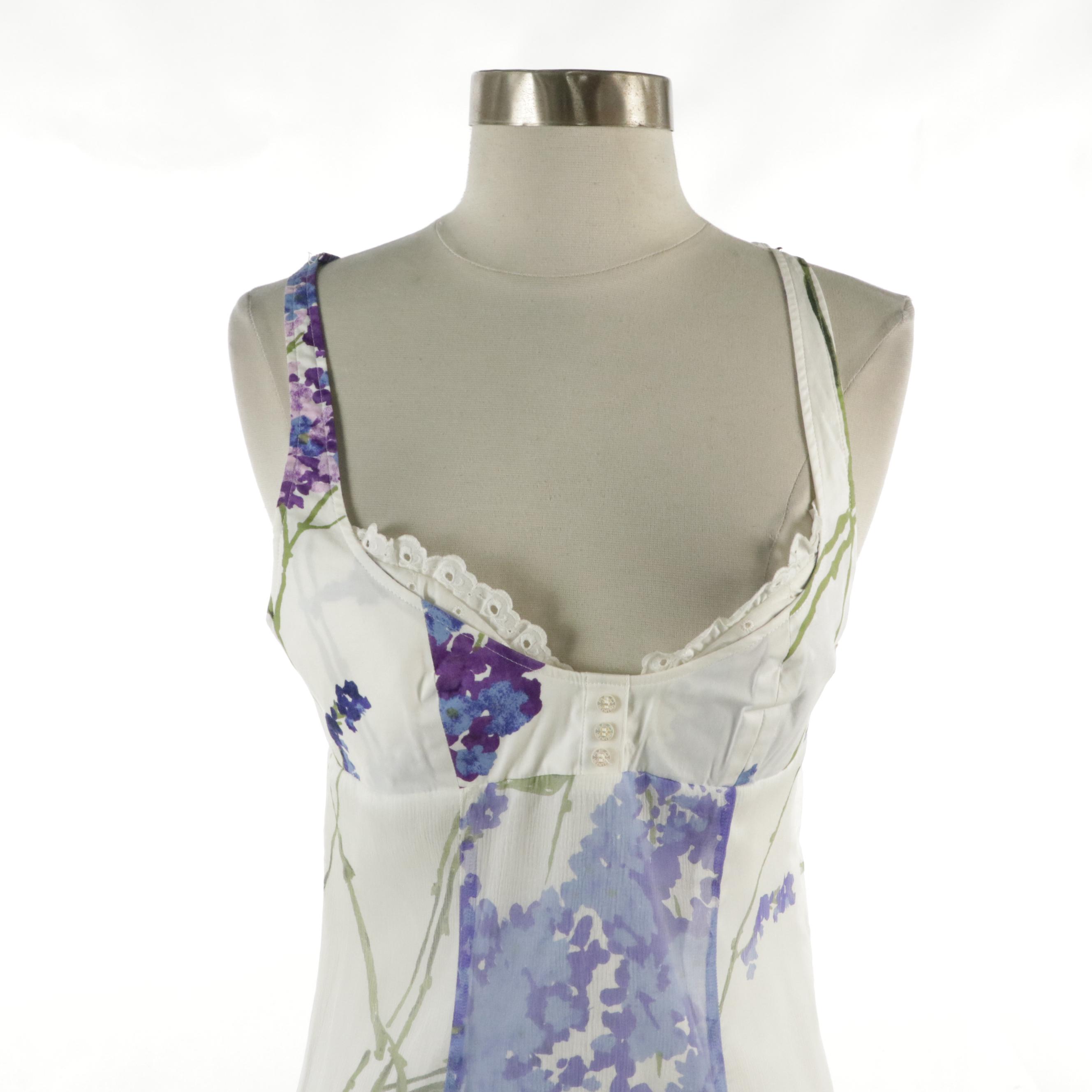 R.E.D. Valentino Floral Print Silk Blend Sleeveless Dress with Eyelet Lace Trim