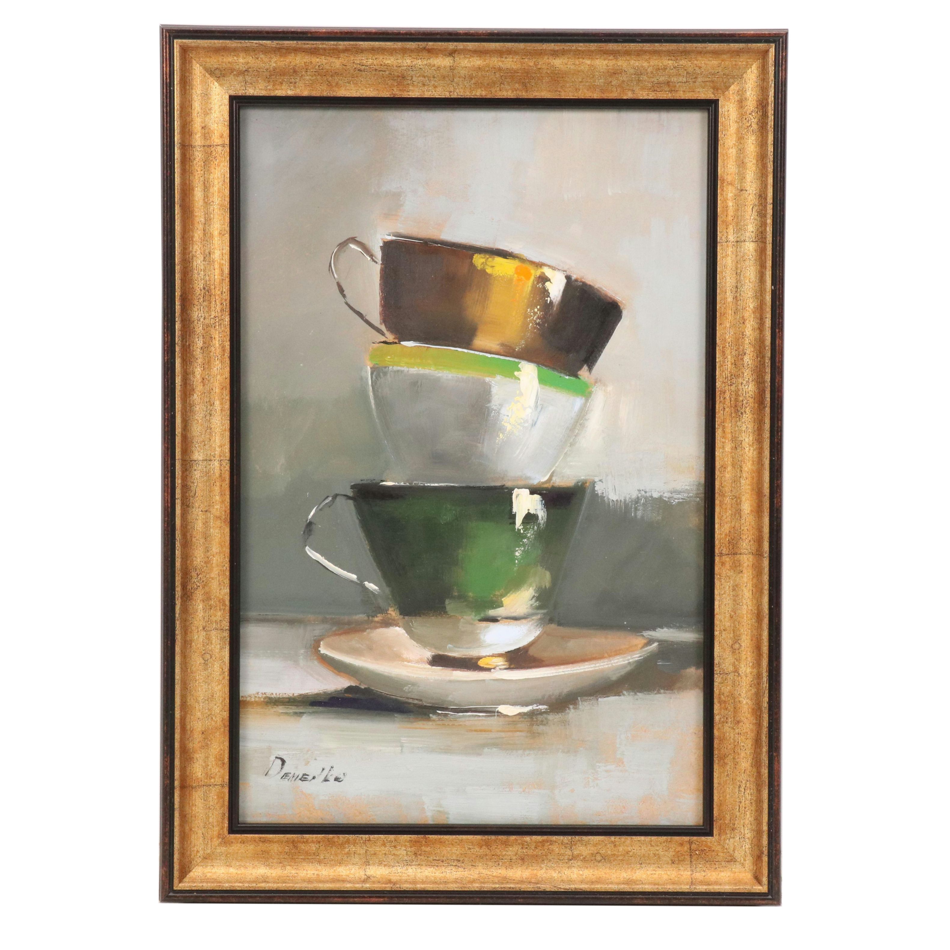 Natalia Demenko Still Life Oil Painting of Stacked Teacups, 21st Century