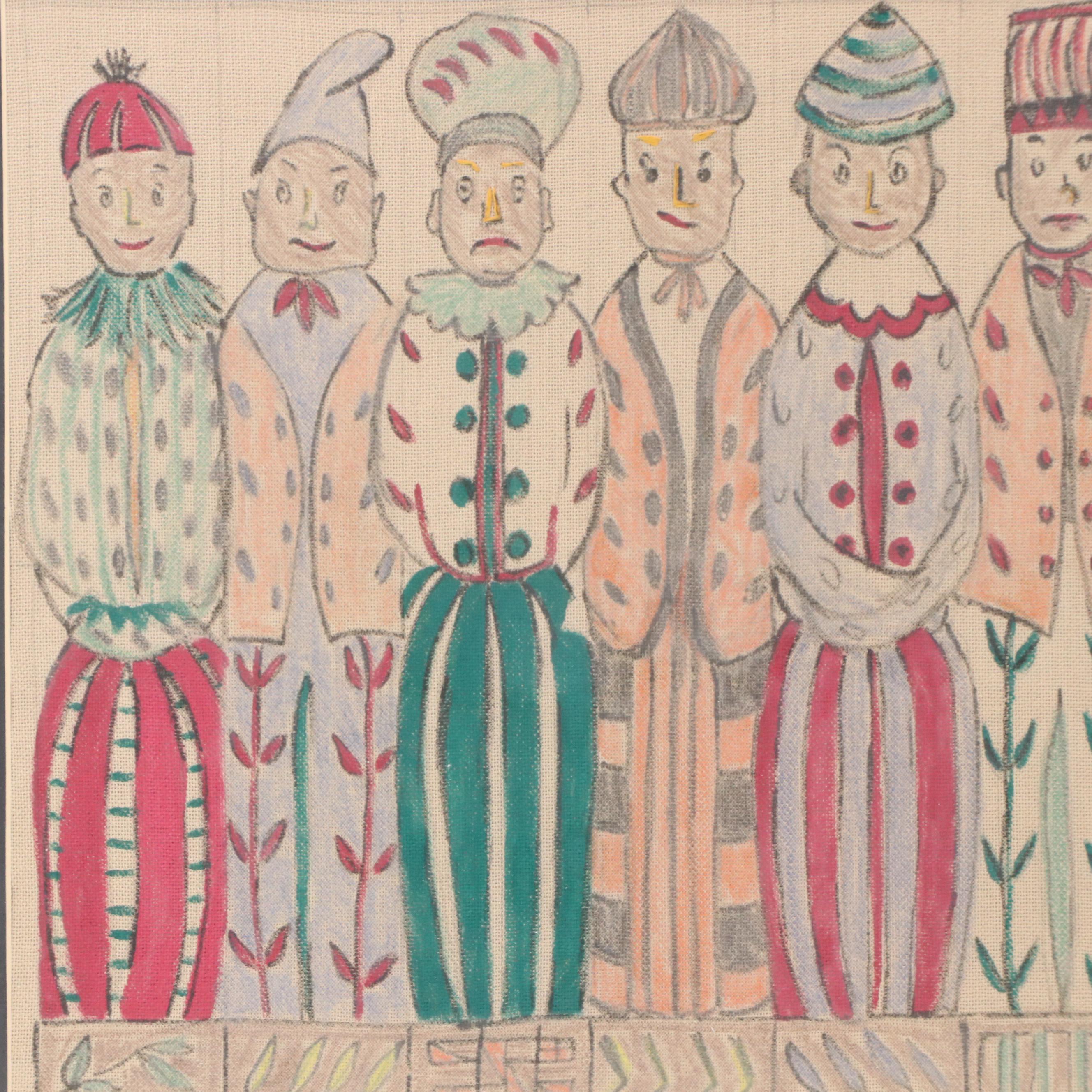 R. A. Schuster Figural Mixed Media Painting, Late 20th Century