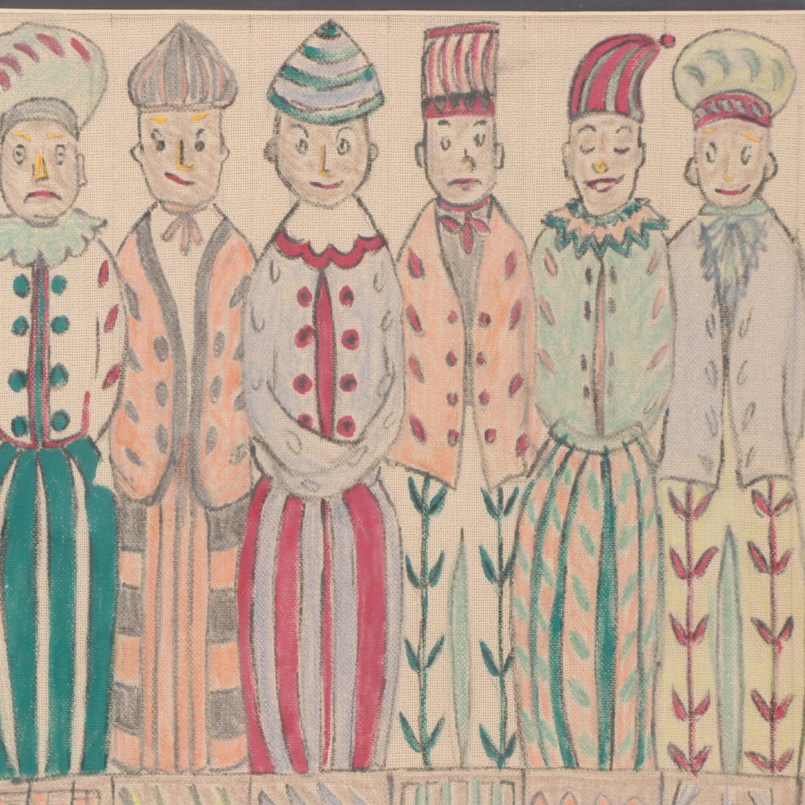 R. A. Schuster Figural Mixed Media Painting, Late 20th Century