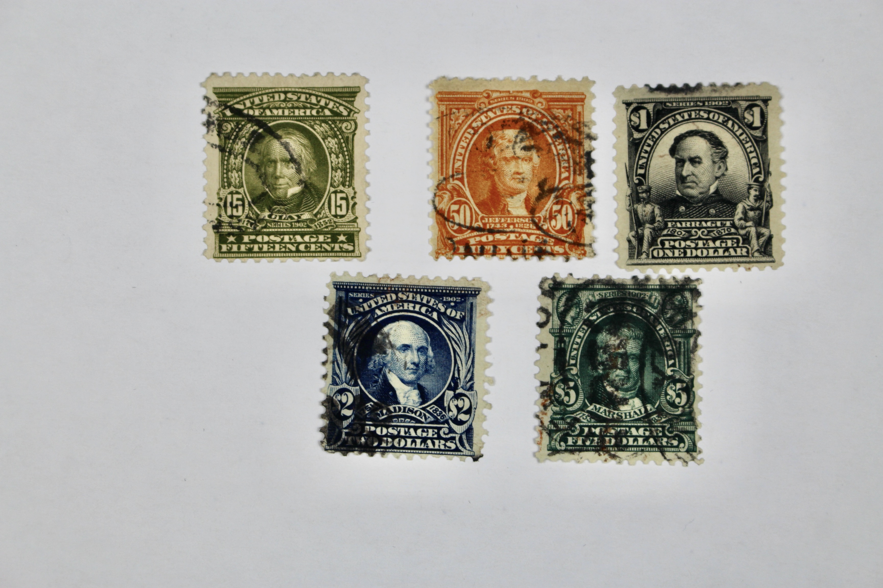 Five High Value U.S. Postage Stamps, 1902