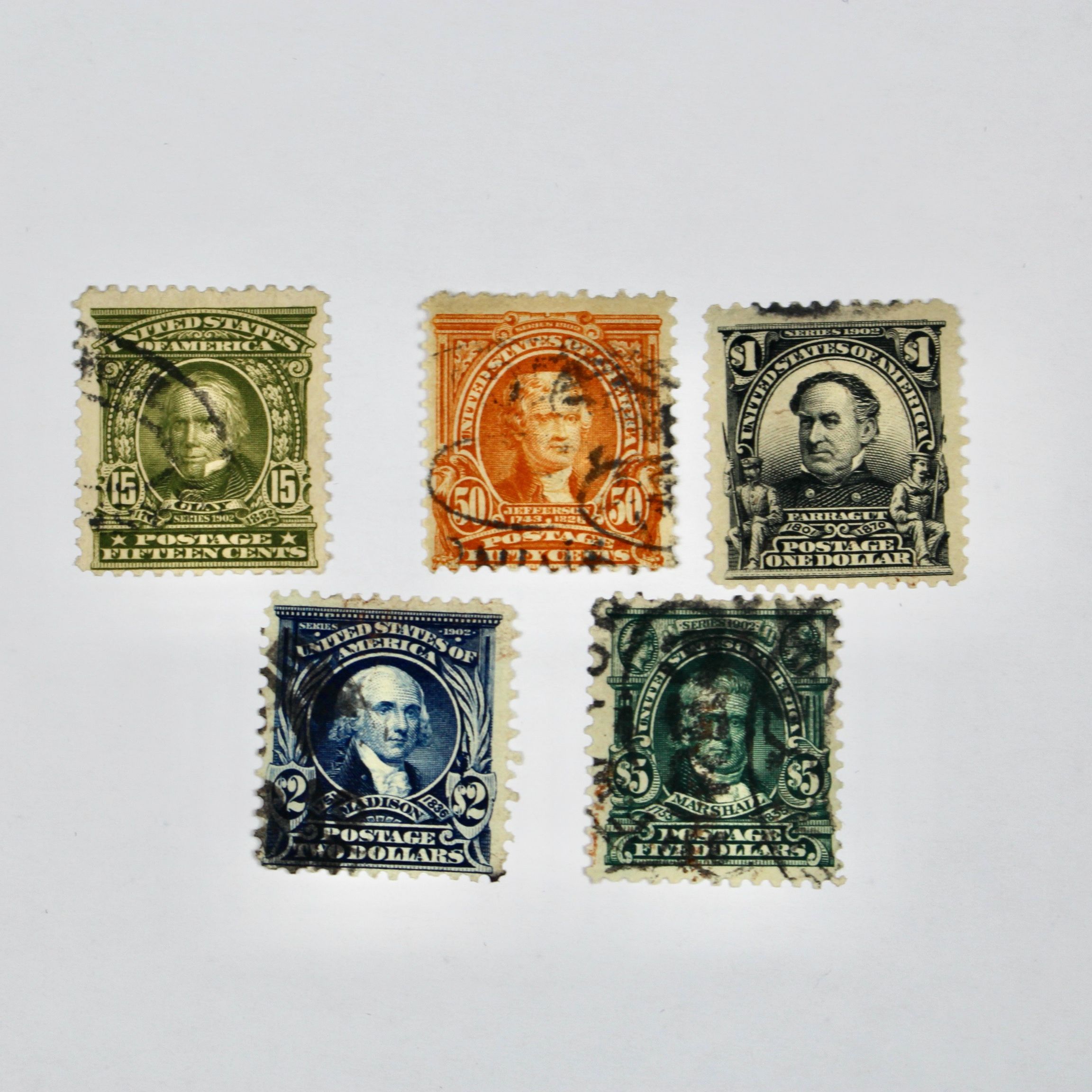 Five High Value U.S. Postage Stamps, 1902