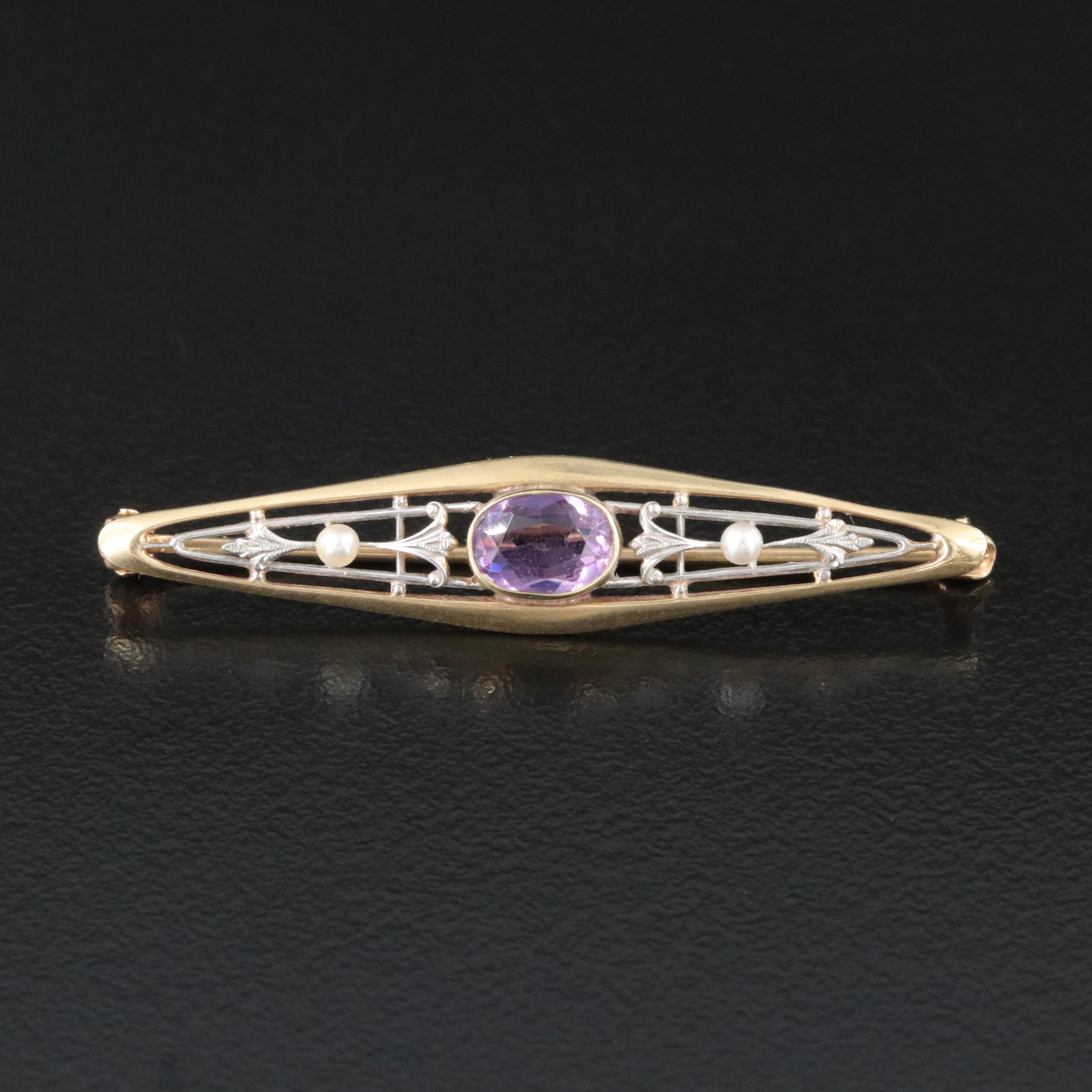 Antique Krementz 14K Amethyst and Pearl Navette Pin with Platinum Top Accents
