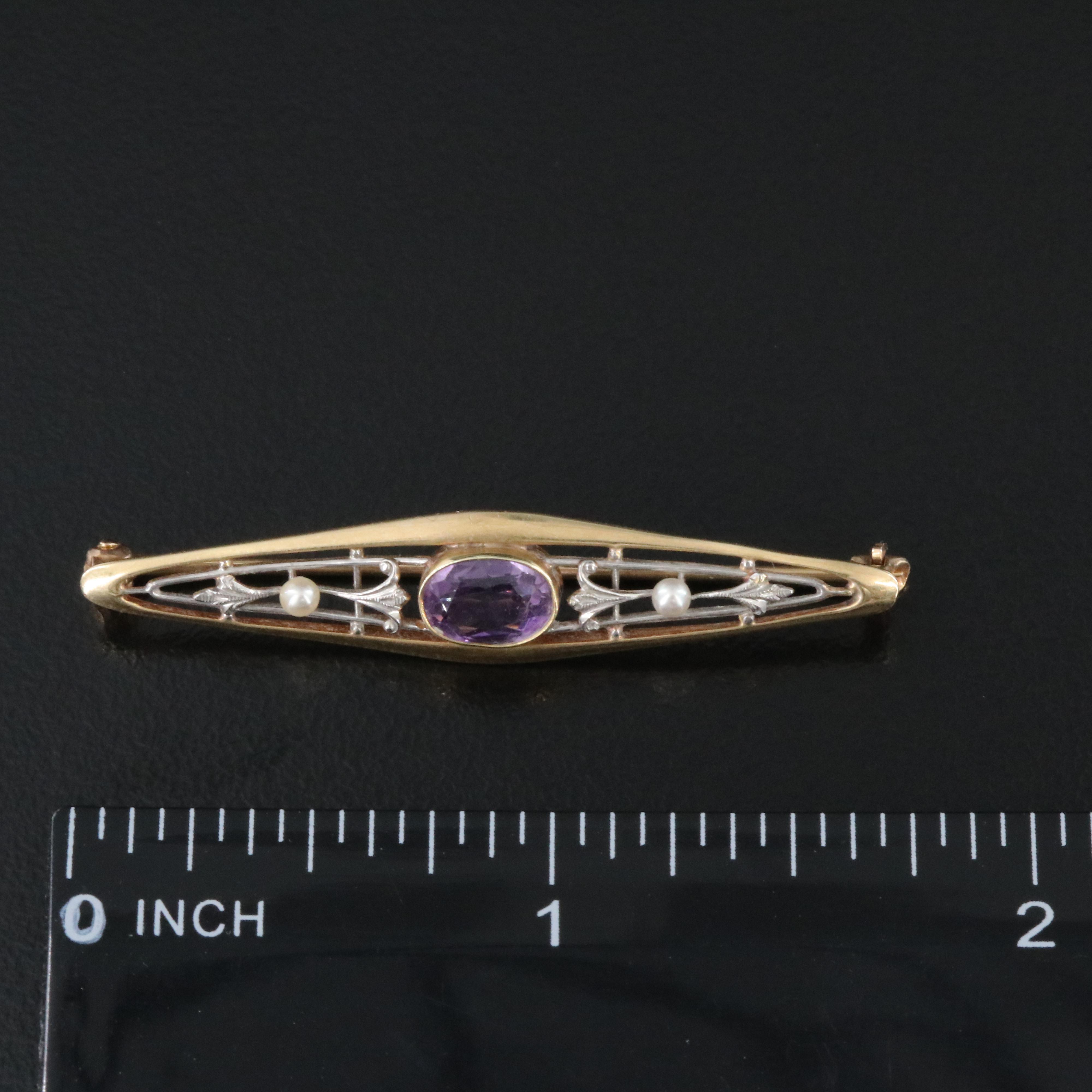 Antique Krementz 14K Amethyst and Pearl Navette Pin with Platinum Top Accents