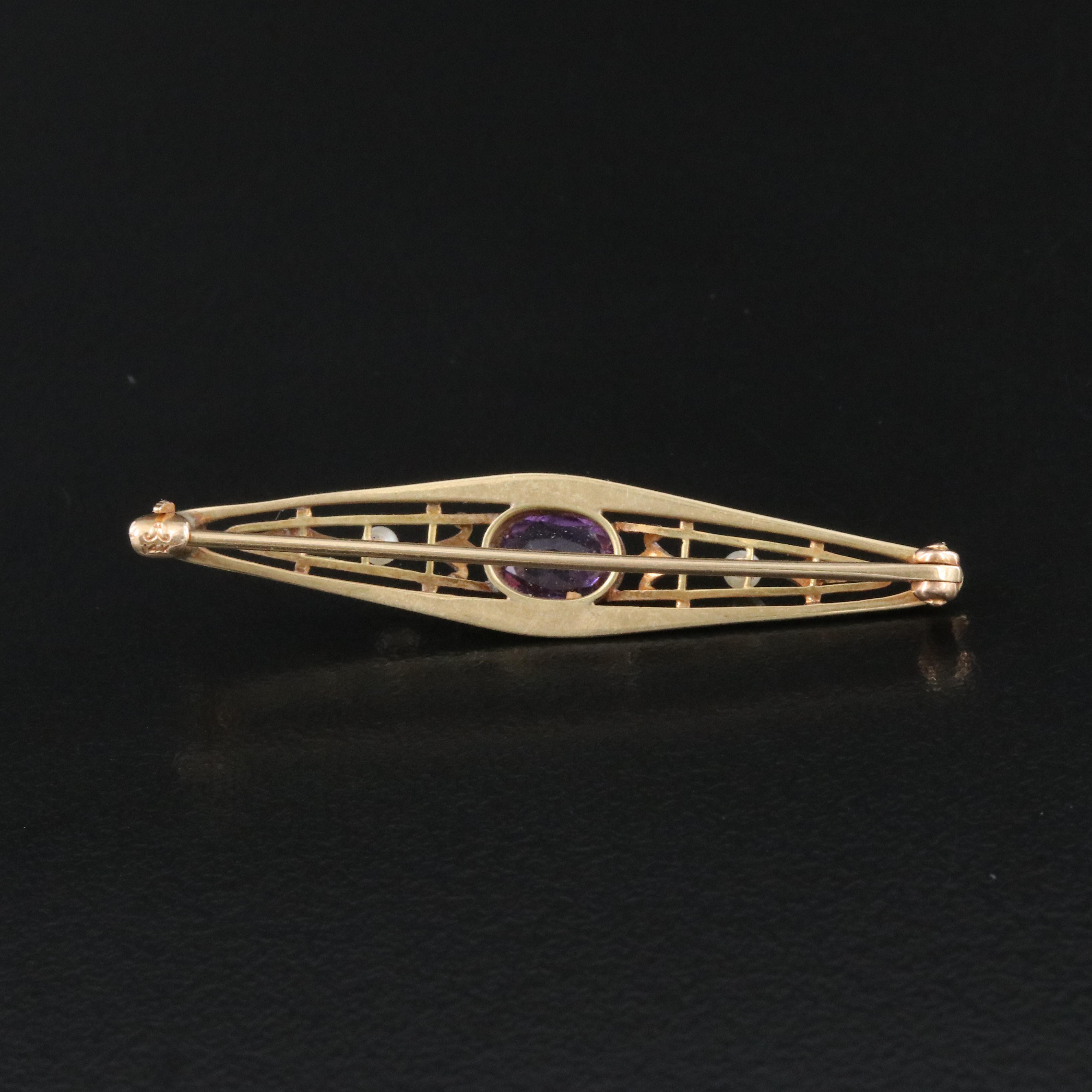Antique Krementz 14K Amethyst and Pearl Navette Pin with Platinum Top Accents