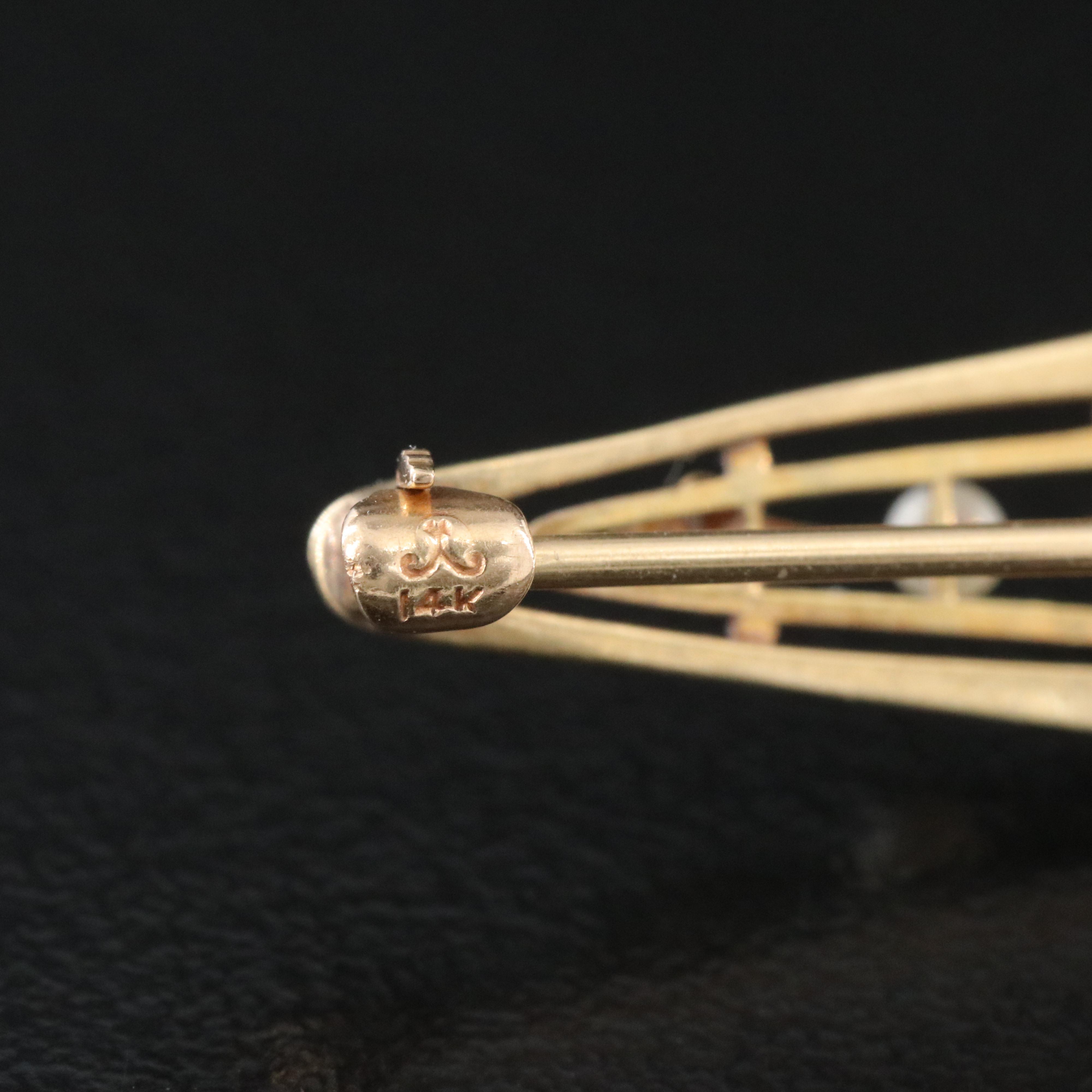 Antique Krementz 14K Amethyst and Pearl Navette Pin with Platinum Top Accents