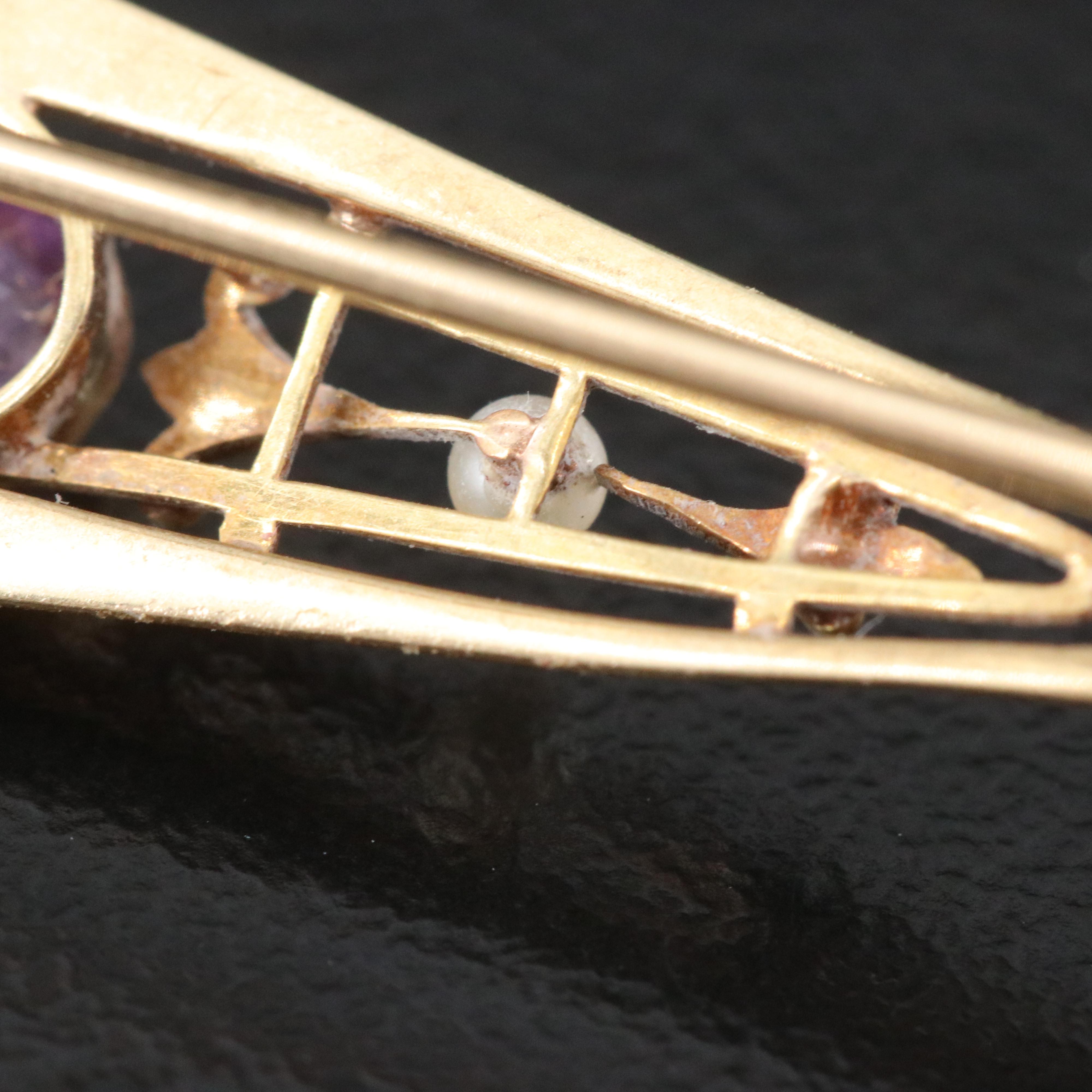 Antique Krementz 14K Amethyst and Pearl Navette Pin with Platinum Top Accents