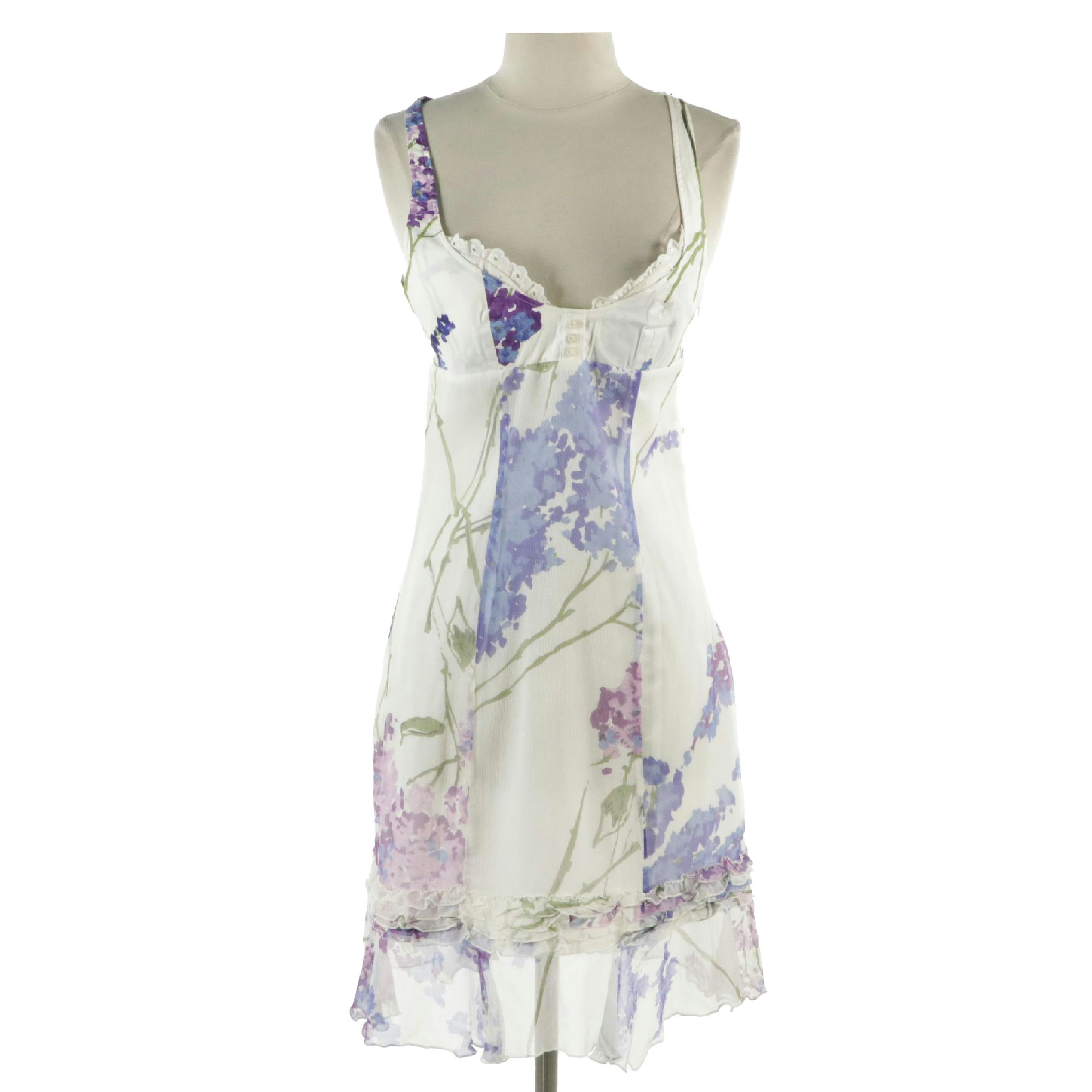 R.E.D. Valentino Floral Print Silk Blend Sleeveless Dress with Eyelet Lace Trim