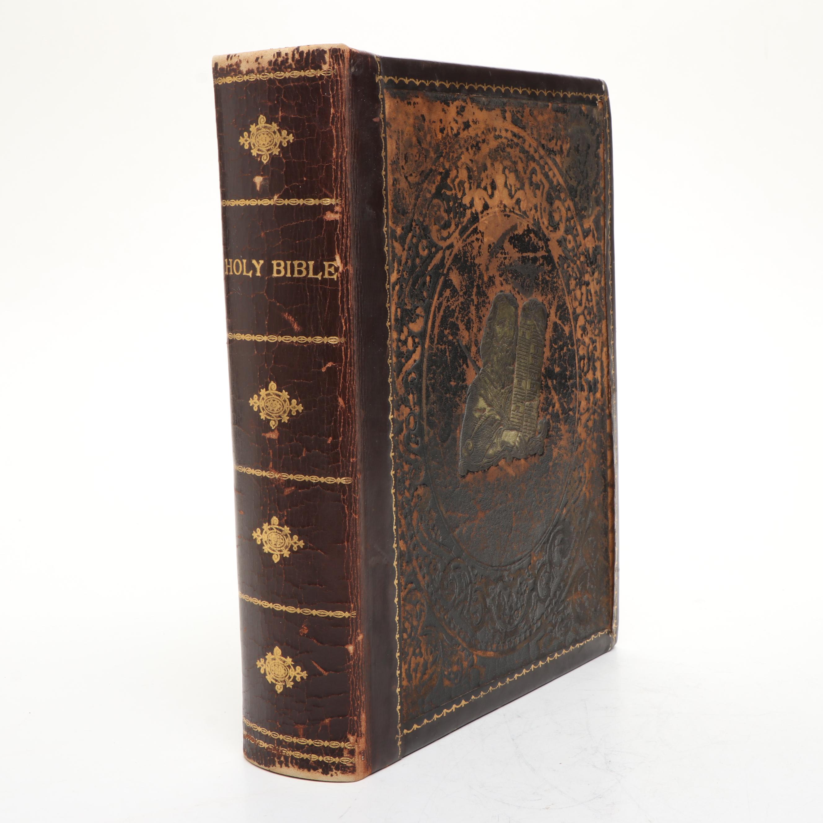 Victorian Gilt Leather Bible with Mid-Century Chalkware Rabbi