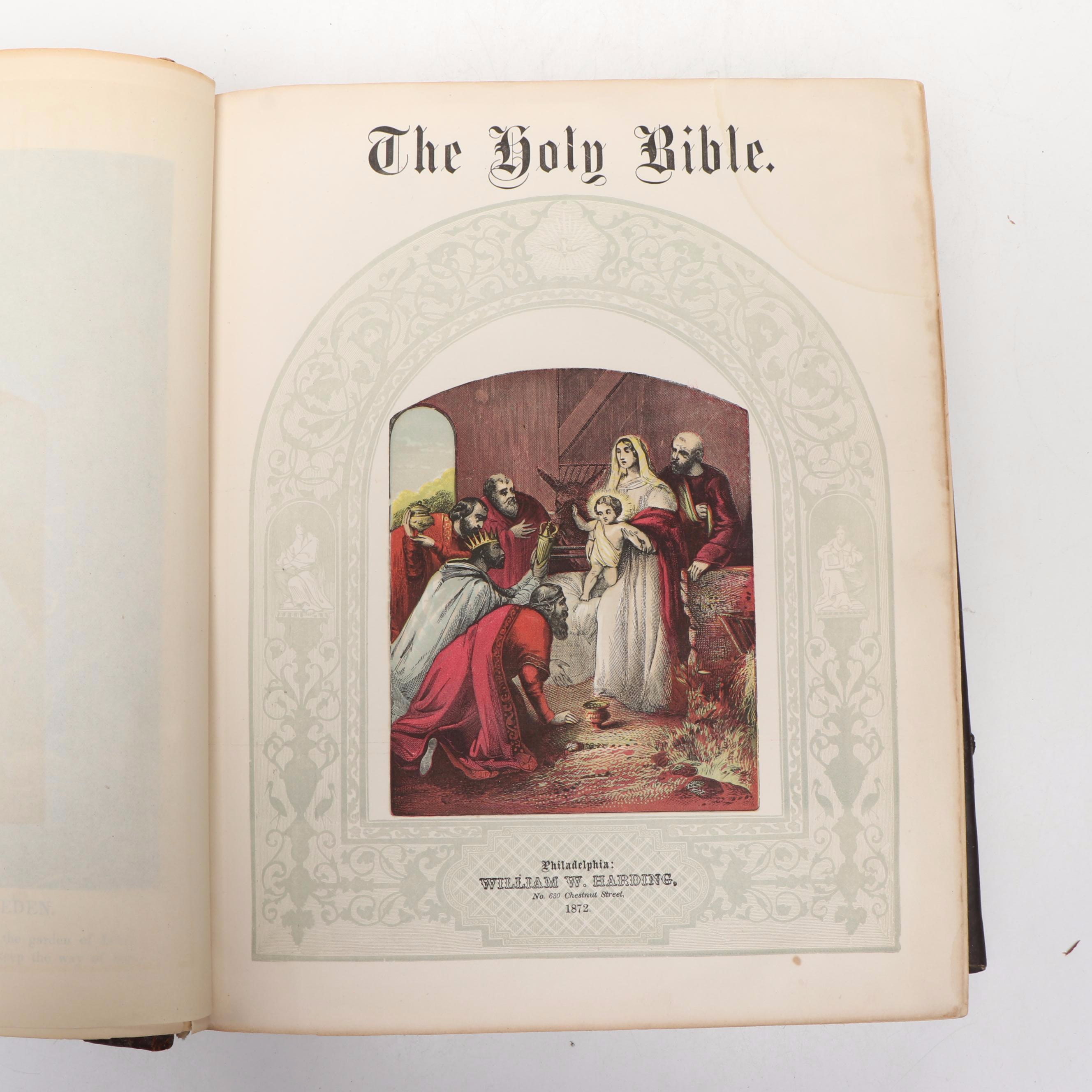 Victorian Gilt Leather Bible with Mid-Century Chalkware Rabbi