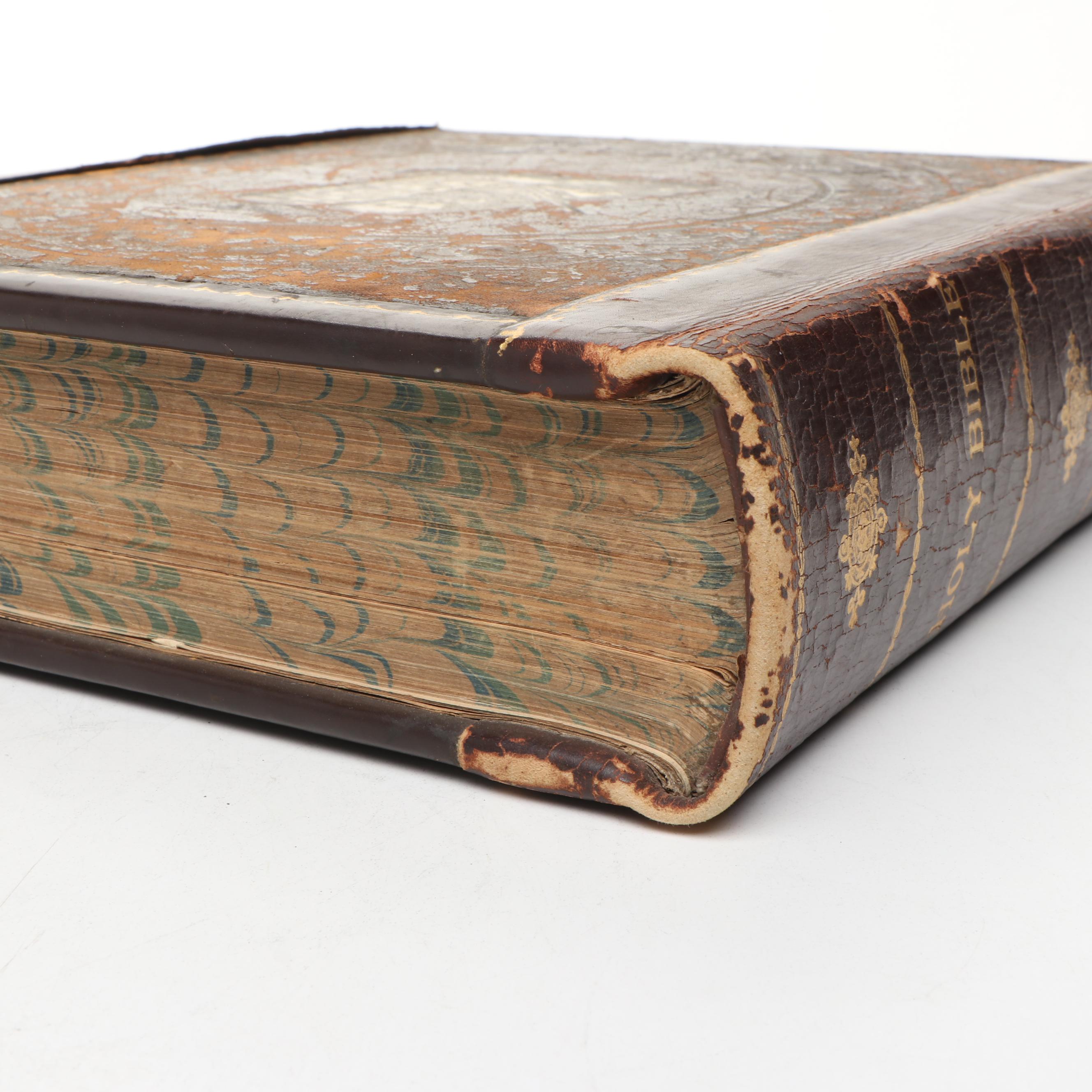 Victorian Gilt Leather Bible with Mid-Century Chalkware Rabbi