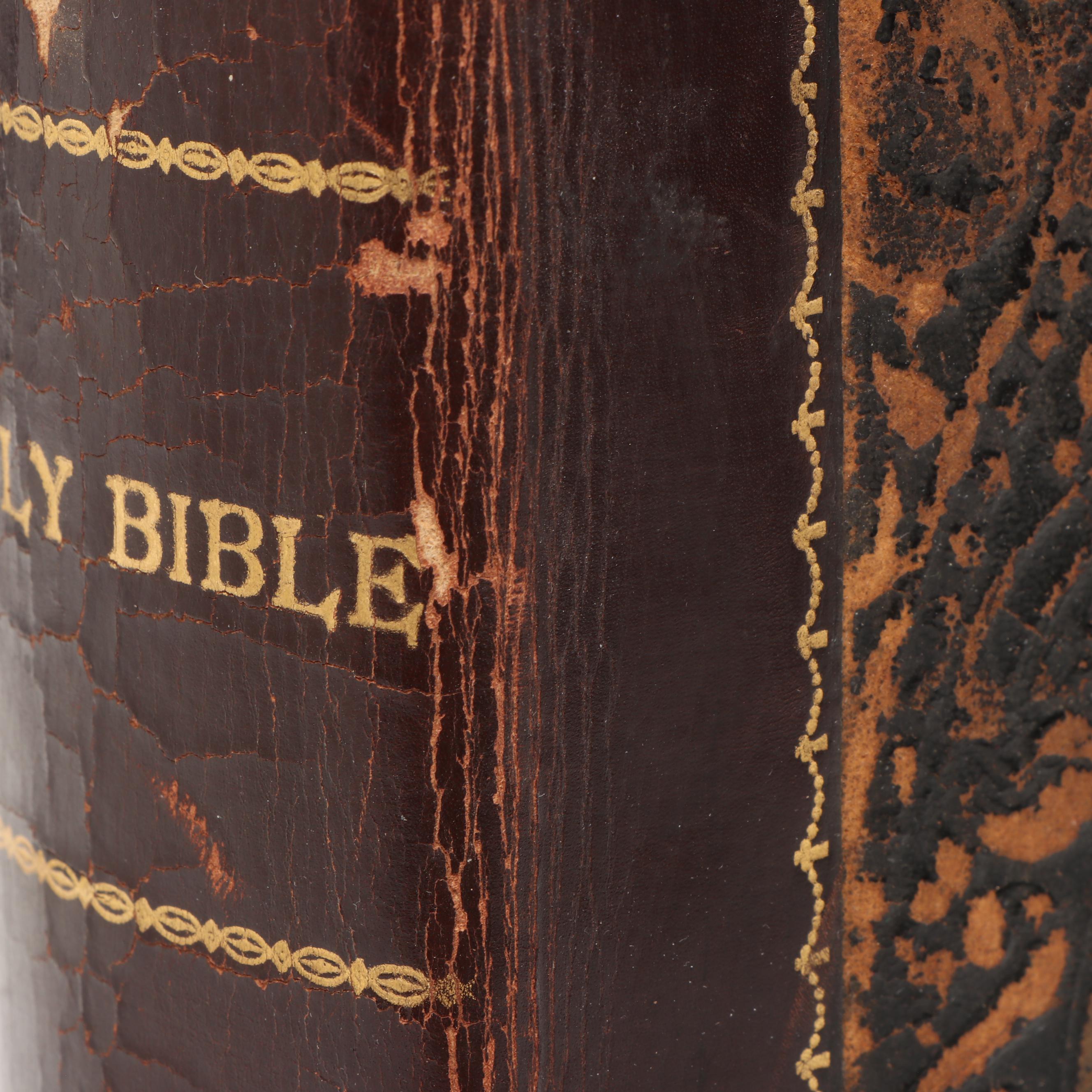 Victorian Gilt Leather Bible with Mid-Century Chalkware Rabbi