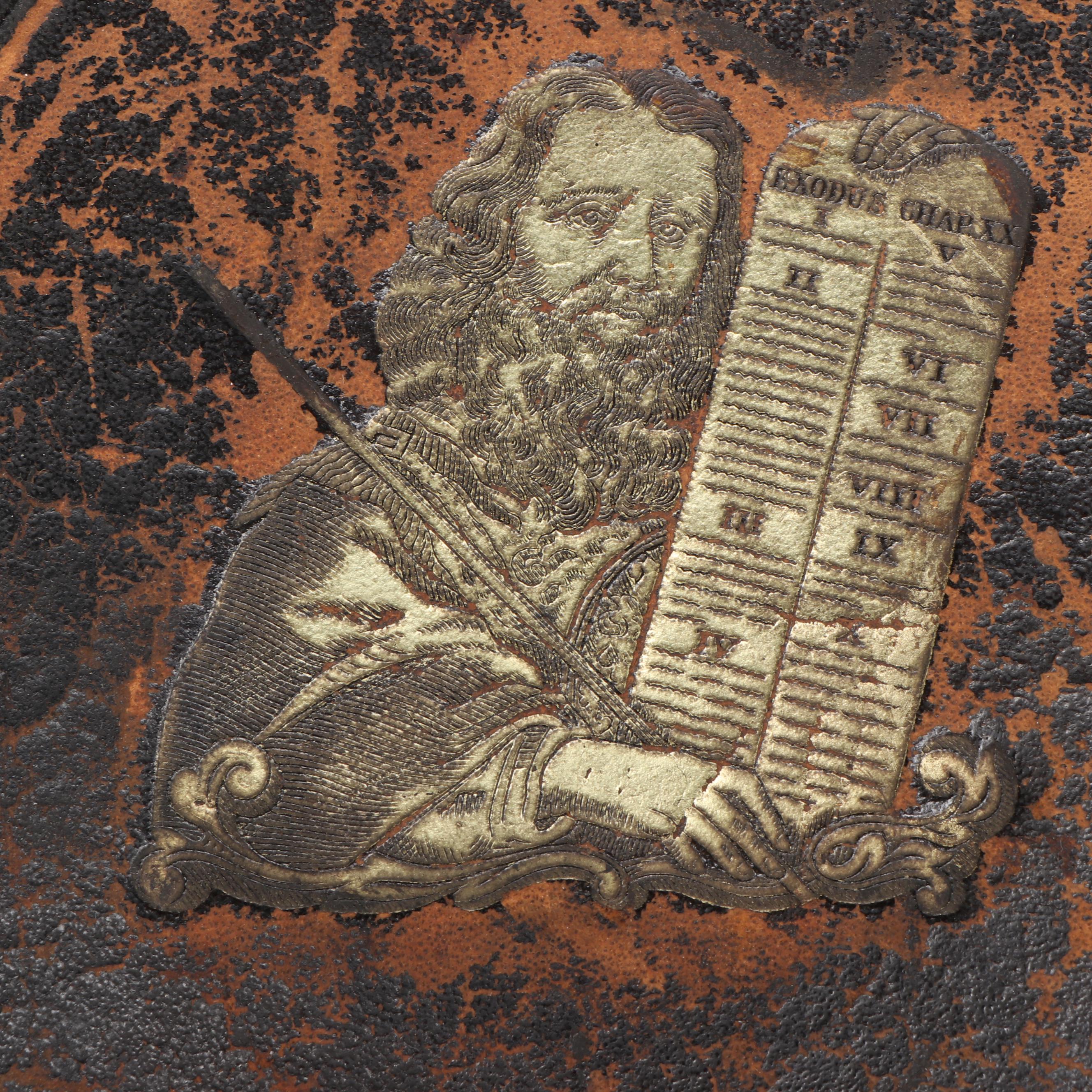 Victorian Gilt Leather Bible with Mid-Century Chalkware Rabbi