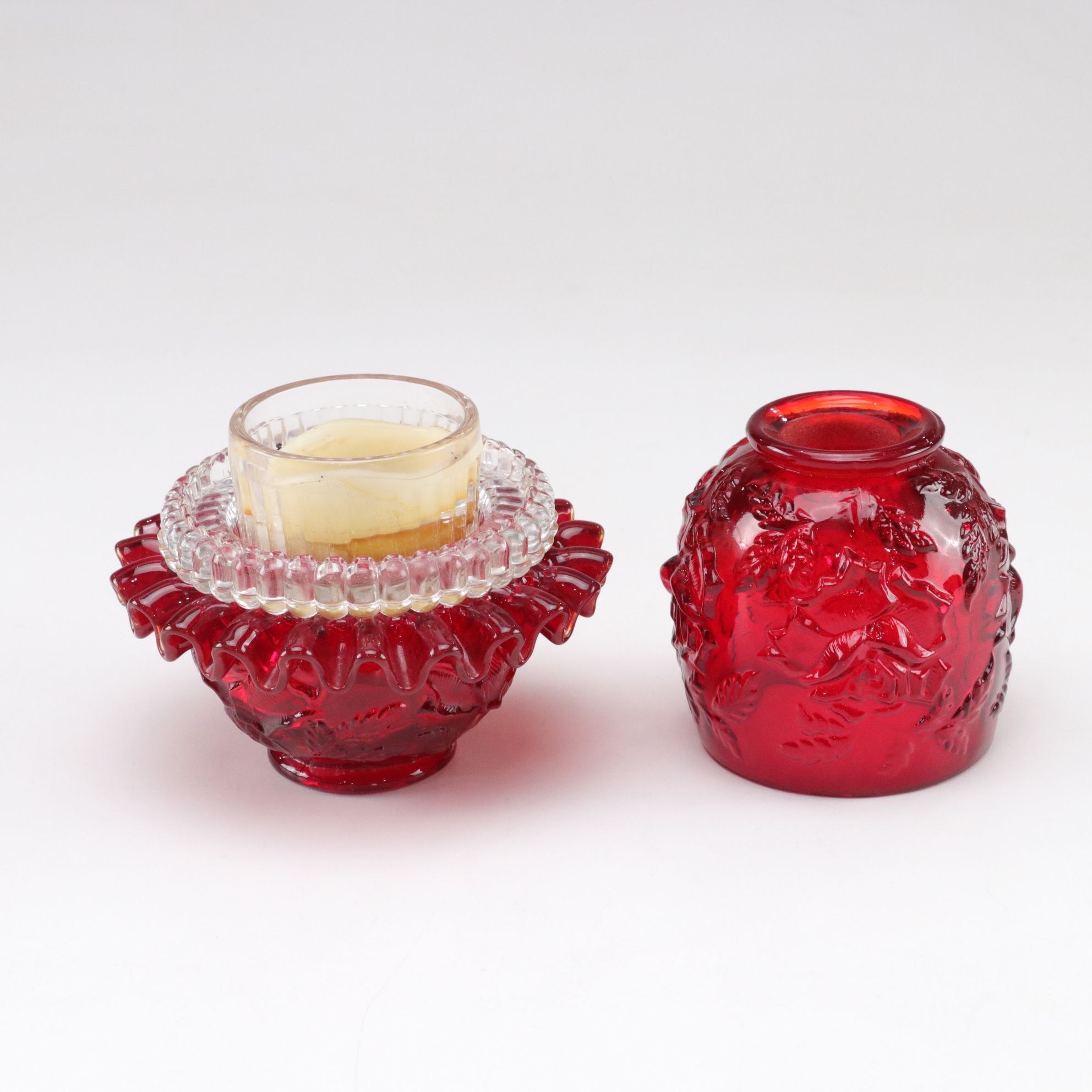 Fenton and L.G. Wright Four-Piece "Red Roses" Glass Fairy Light