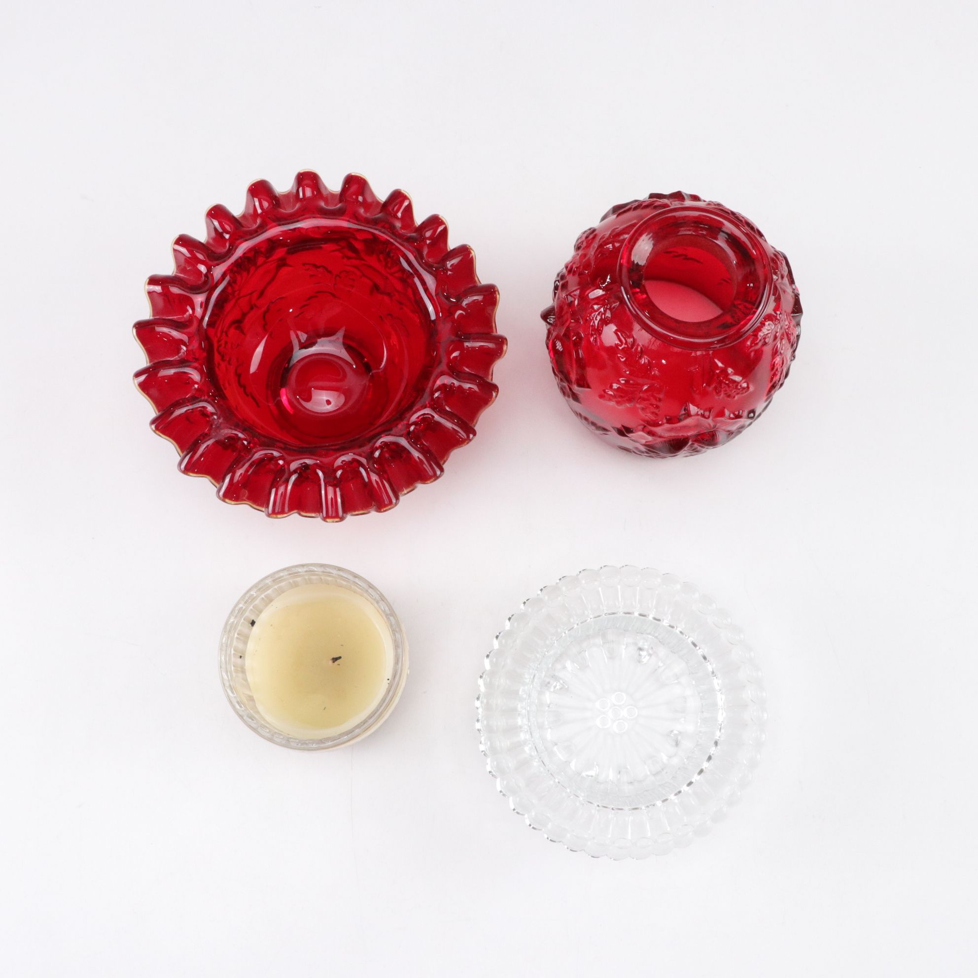 Fenton and L.G. Wright Four-Piece "Red Roses" Glass Fairy Light