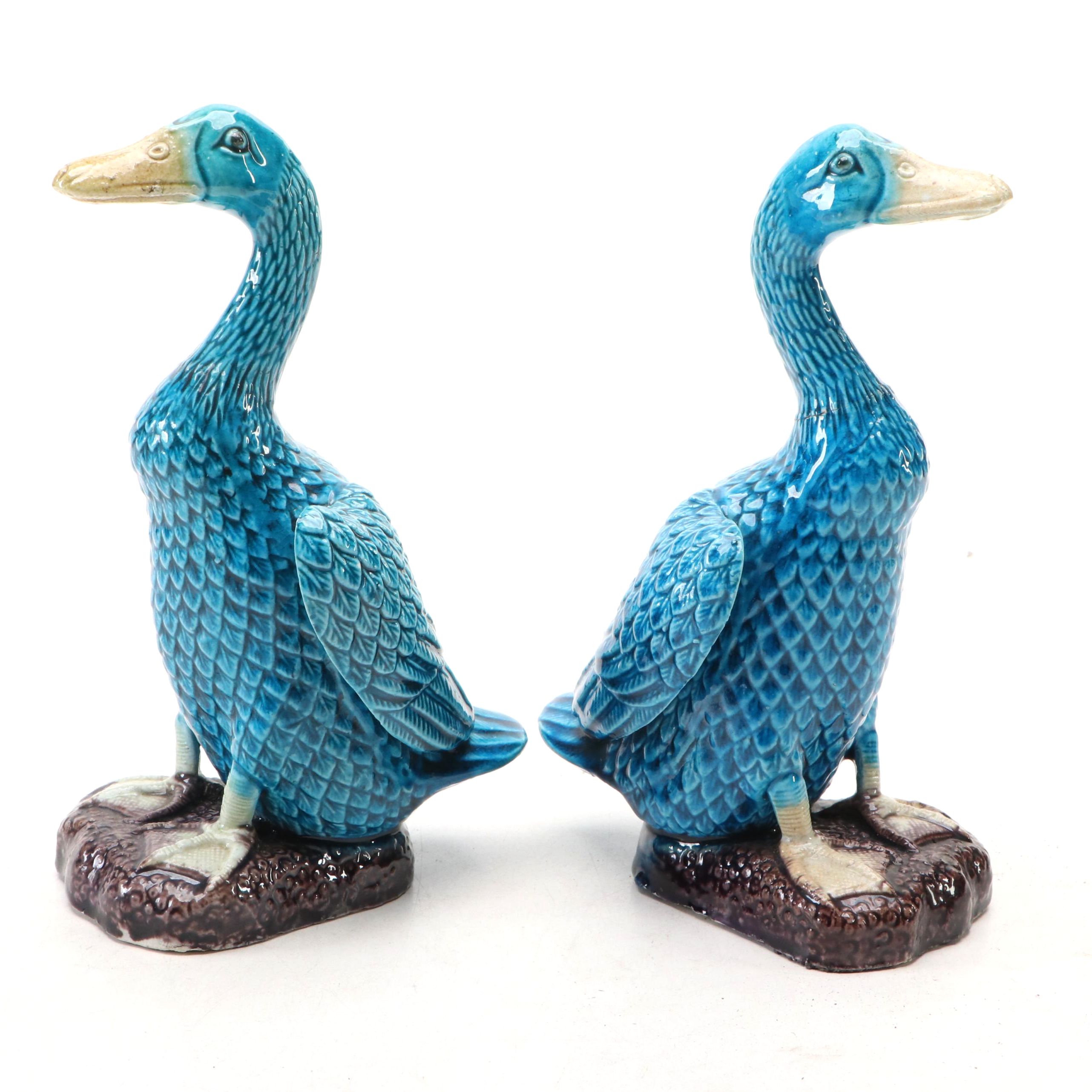 Chinese Turquoise Ceramic Peking Ducks Pair