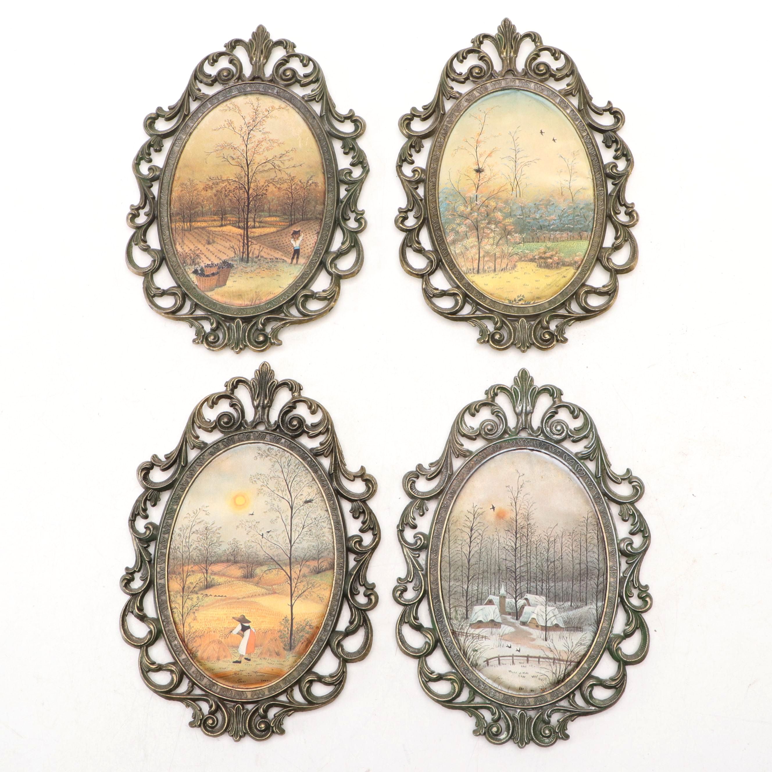 Italian Hand-Painted Silk Panels of Four Seasons Bucolic Genre Scenes, Framed