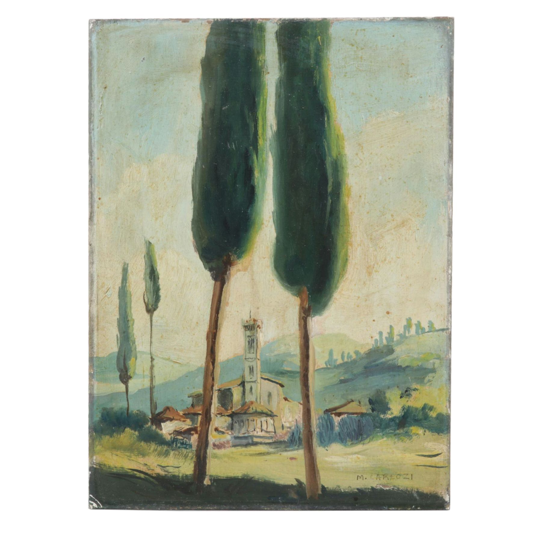 M. Carlozi Oil on Board Painting of Tuscan Landscape