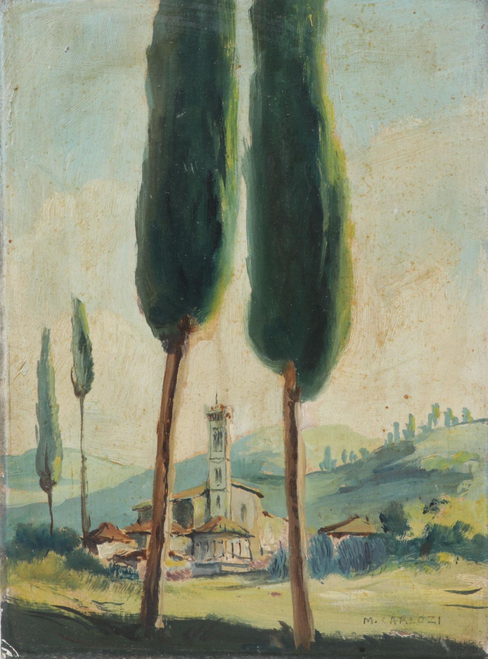 M. Carlozi Oil on Board Painting of Tuscan Landscape