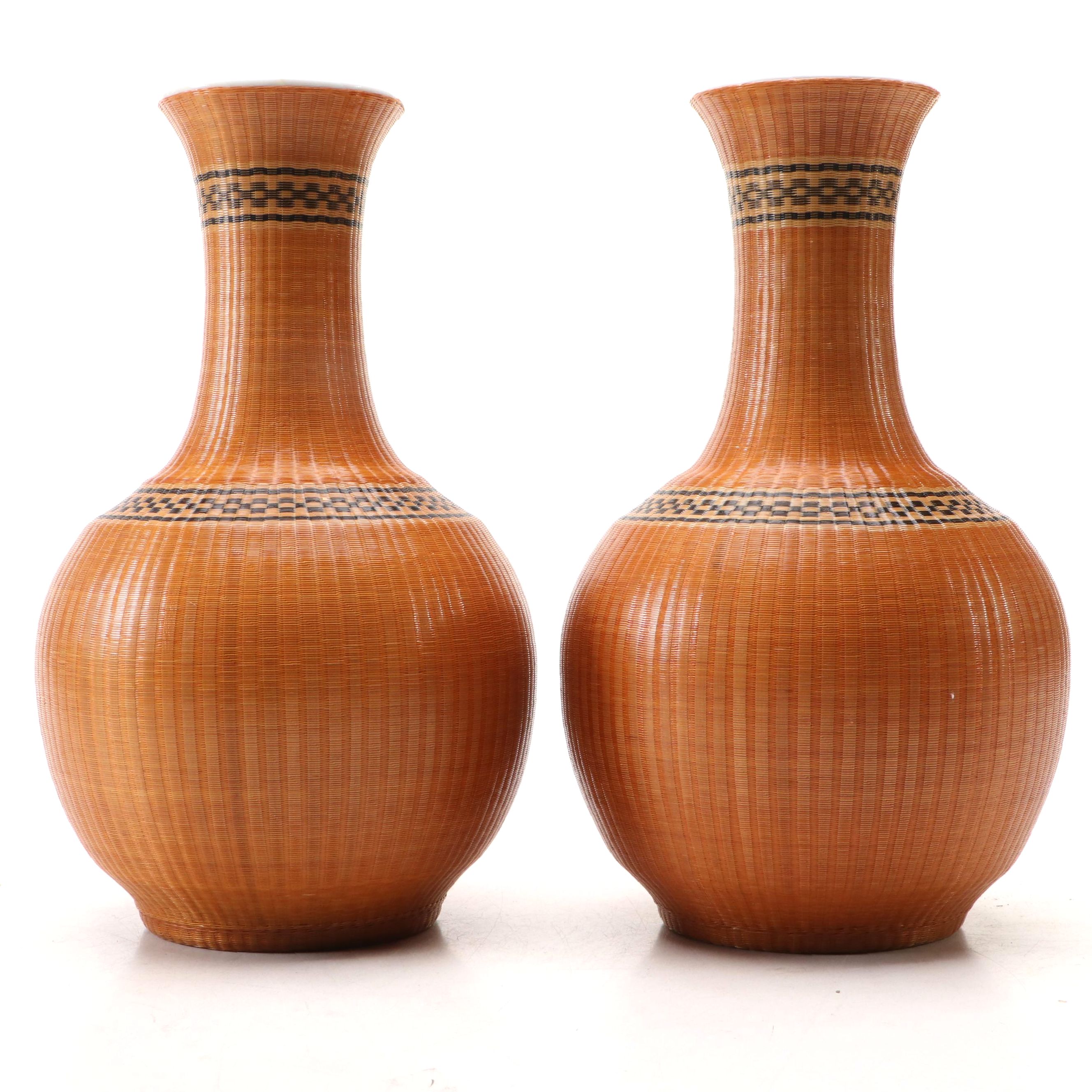 Chinese Woven Bamboo and Porcelain Vases