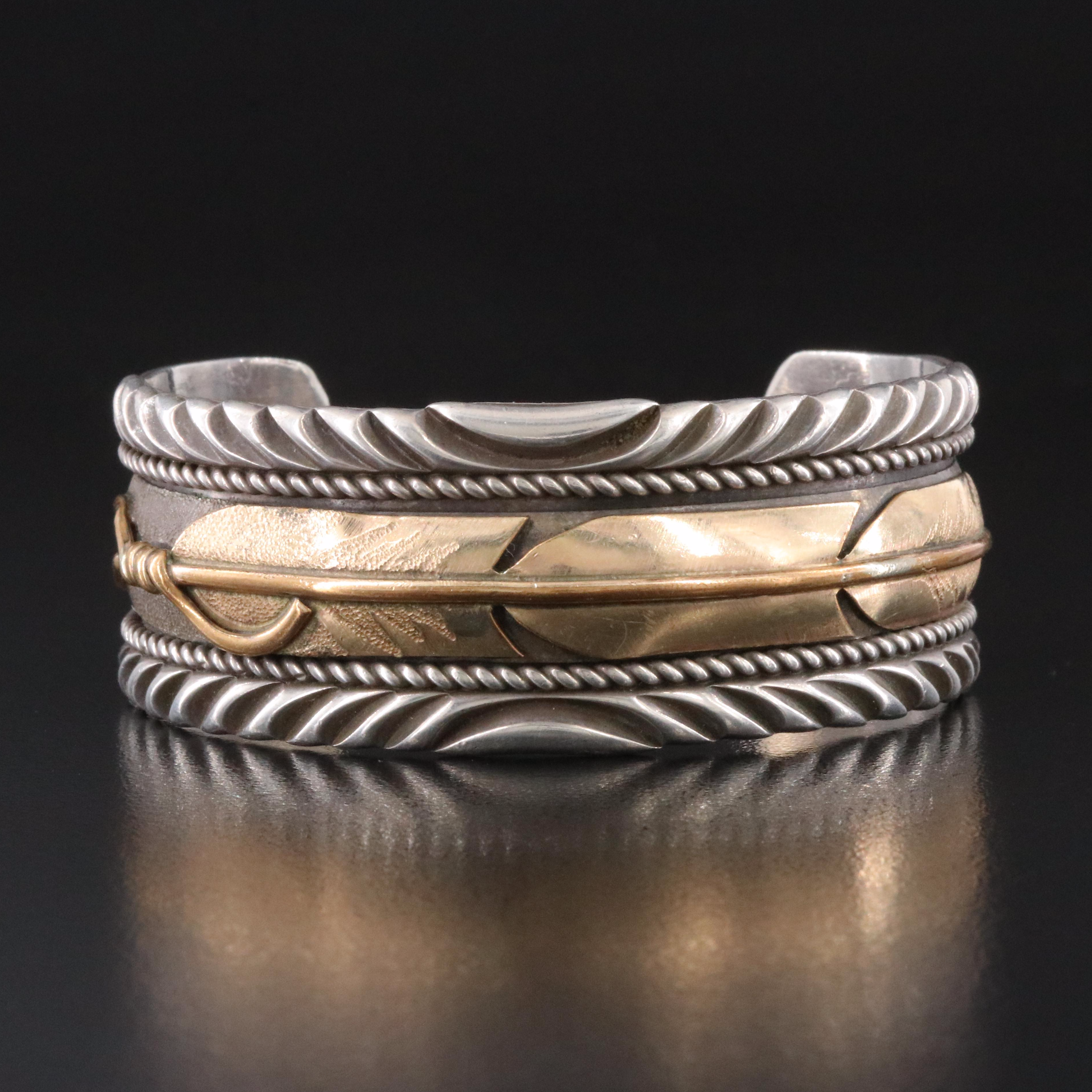 Lee Bennett Navajo Diné Sterling and Gold-Filled Feather Cuff Bracelet