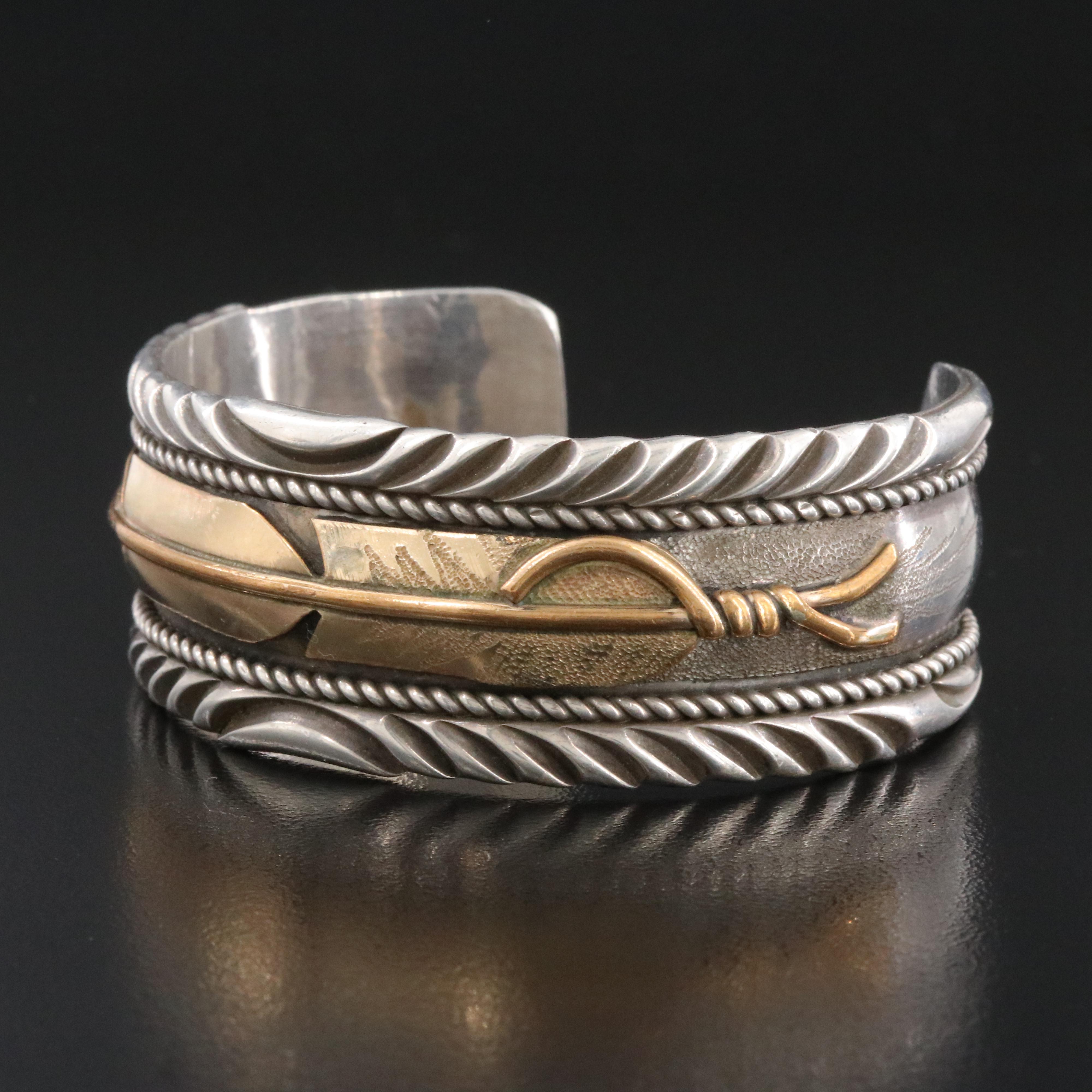 Lee Bennett Navajo Diné Sterling and Gold-Filled Feather Cuff Bracelet