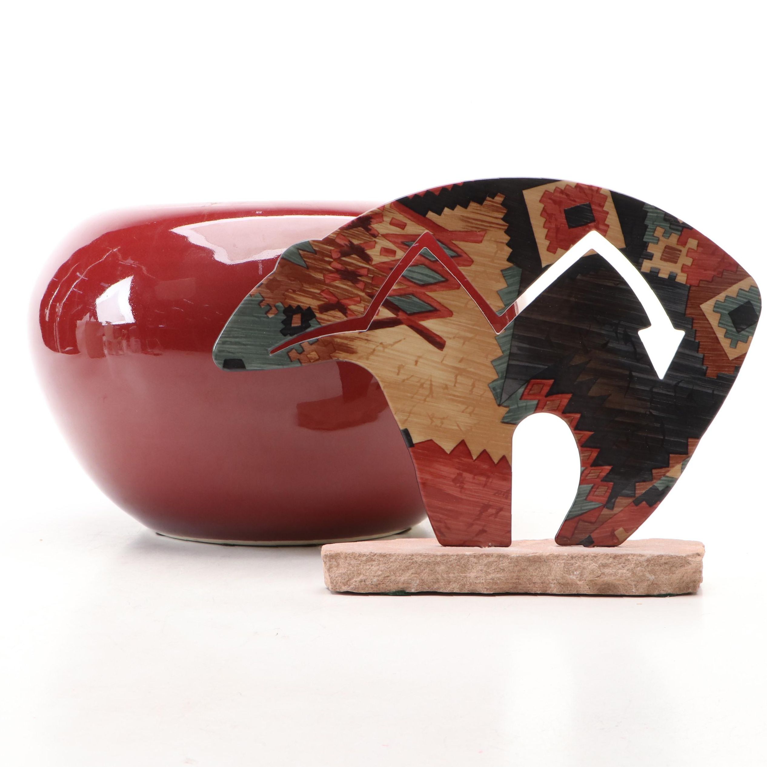 Southwestern Style Heartline Fetish Bear Cutout with Red Ceramic Vase