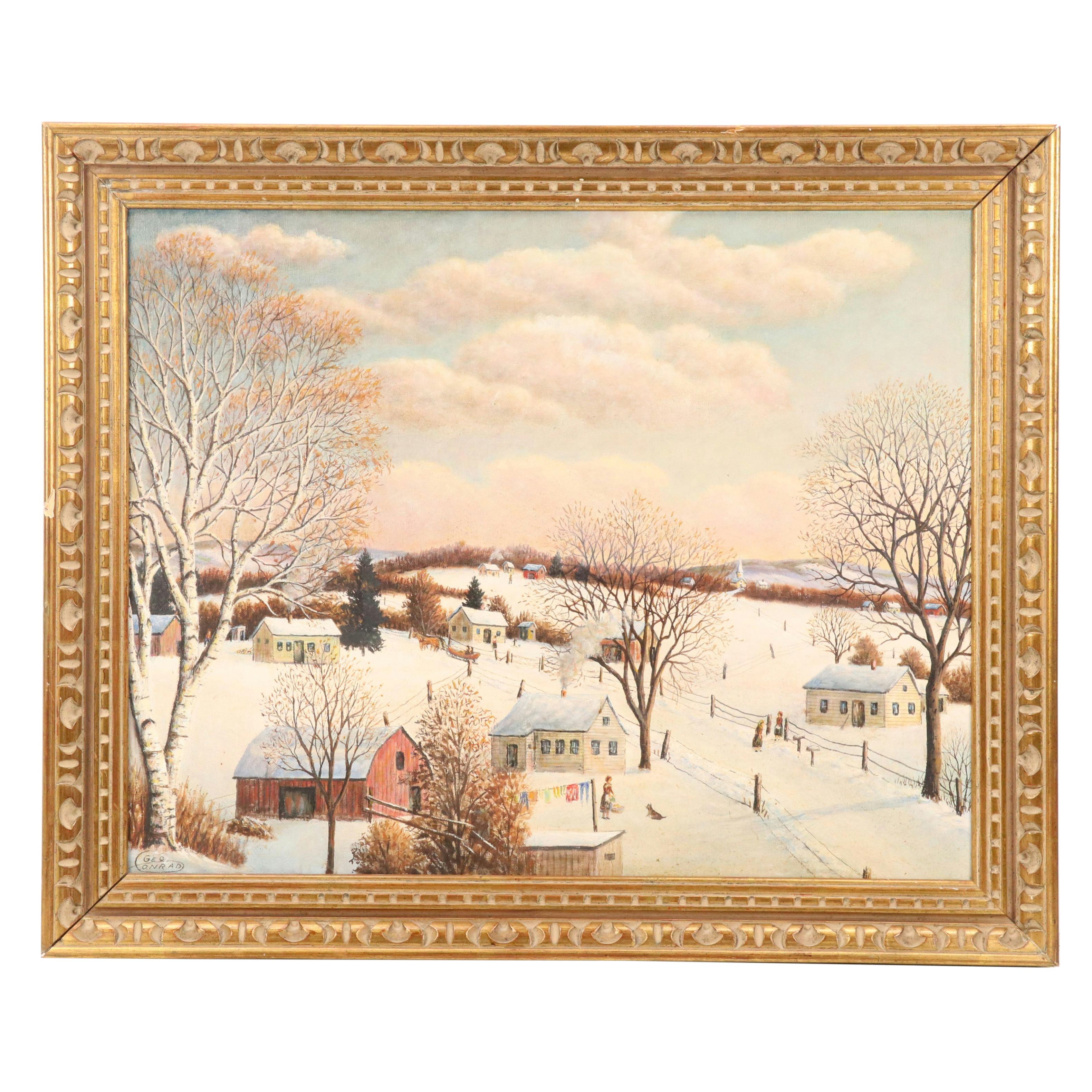 George Conrad Oil Painting of Snowy American Countryside, 20th Century