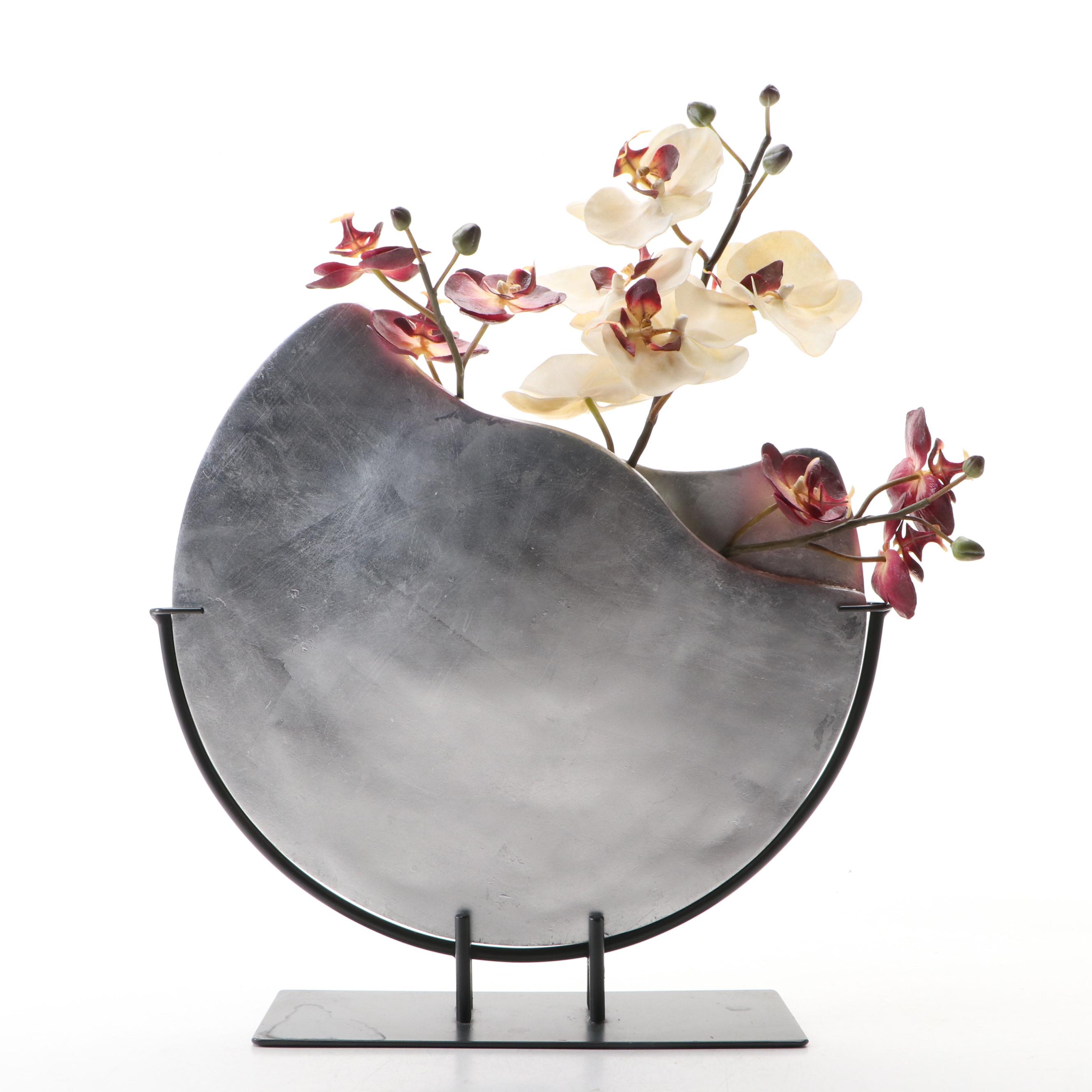Abstract Metal Disk-Shaped Vase with Artificial Orchids