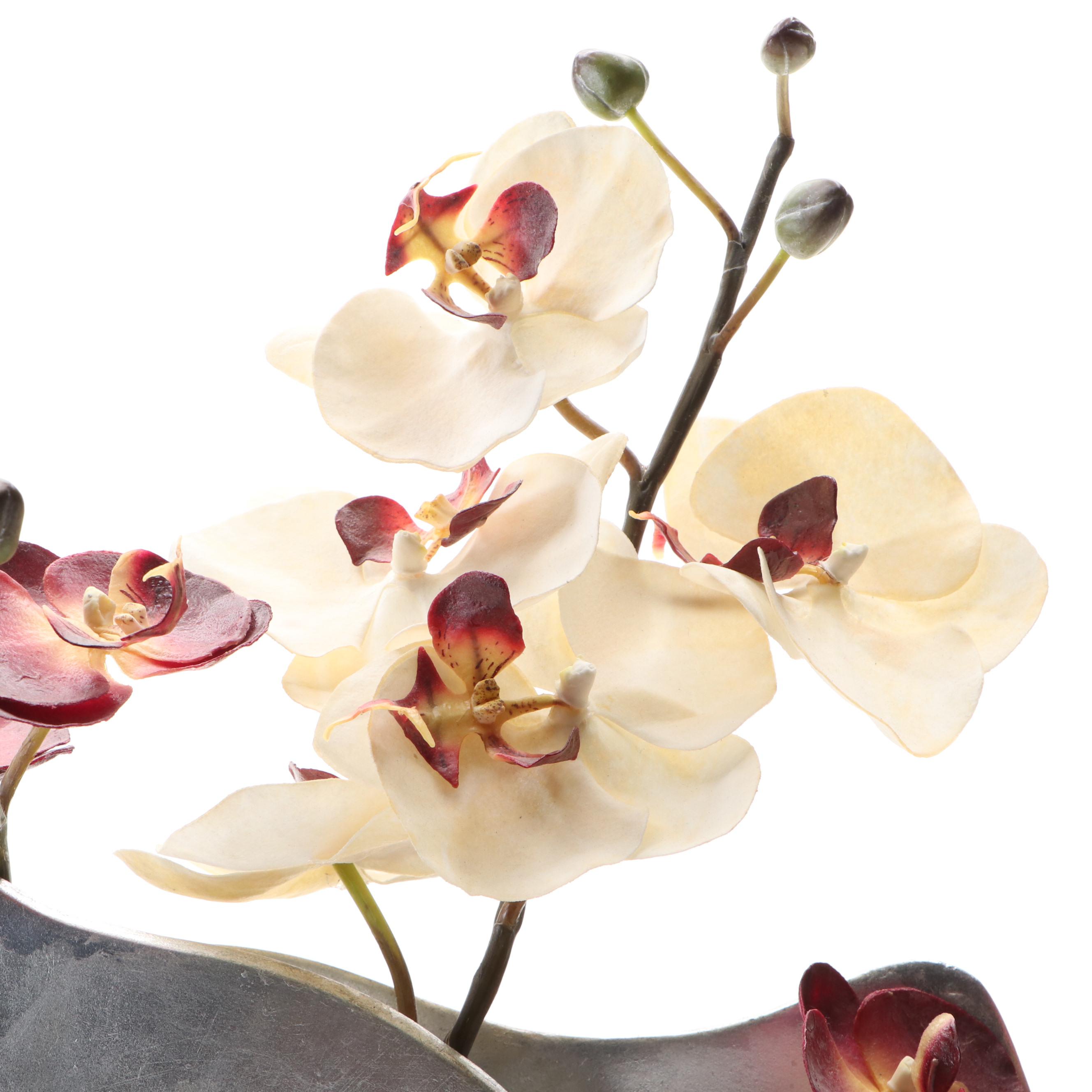 Abstract Metal Disk-Shaped Vase with Artificial Orchids