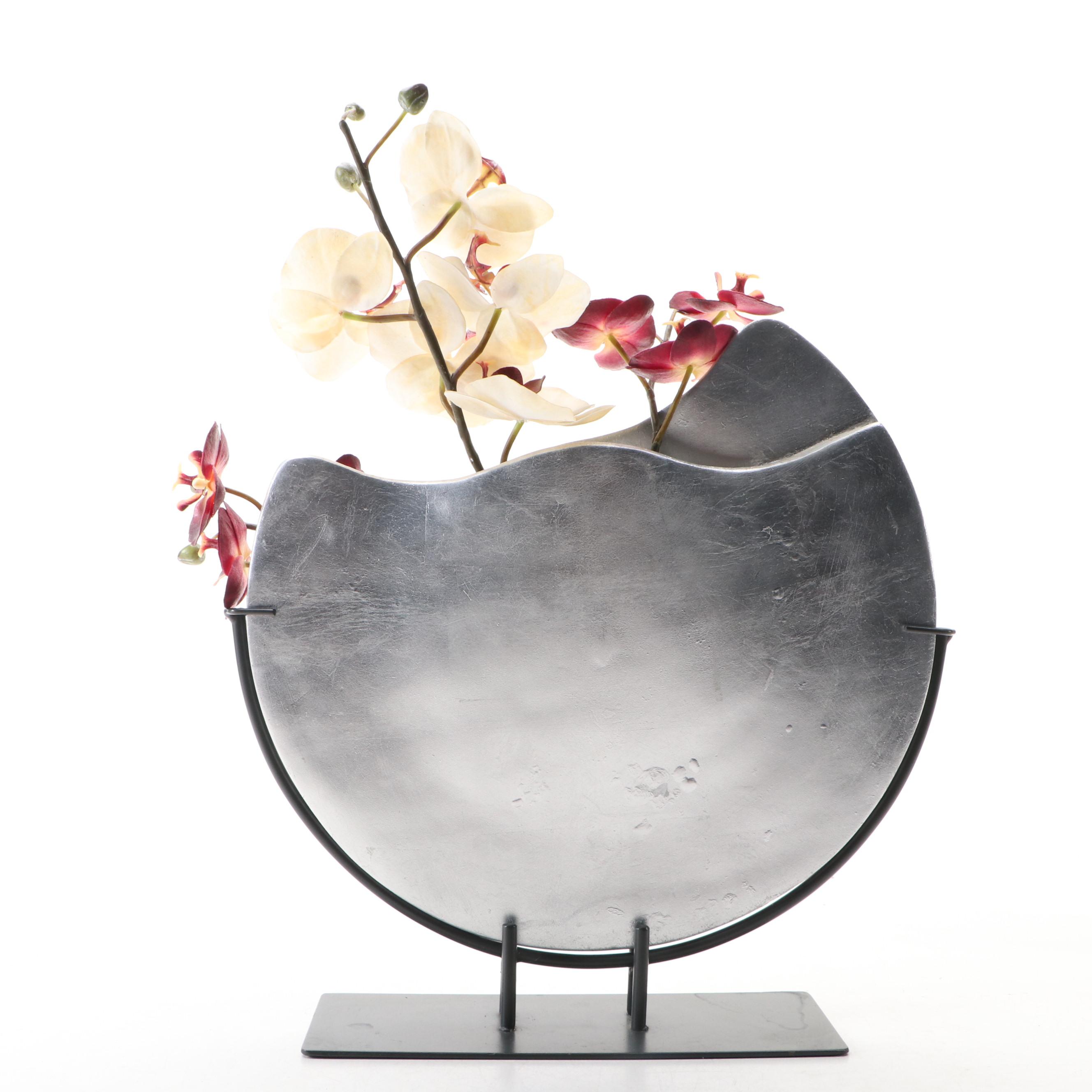 Abstract Metal Disk-Shaped Vase with Artificial Orchids
