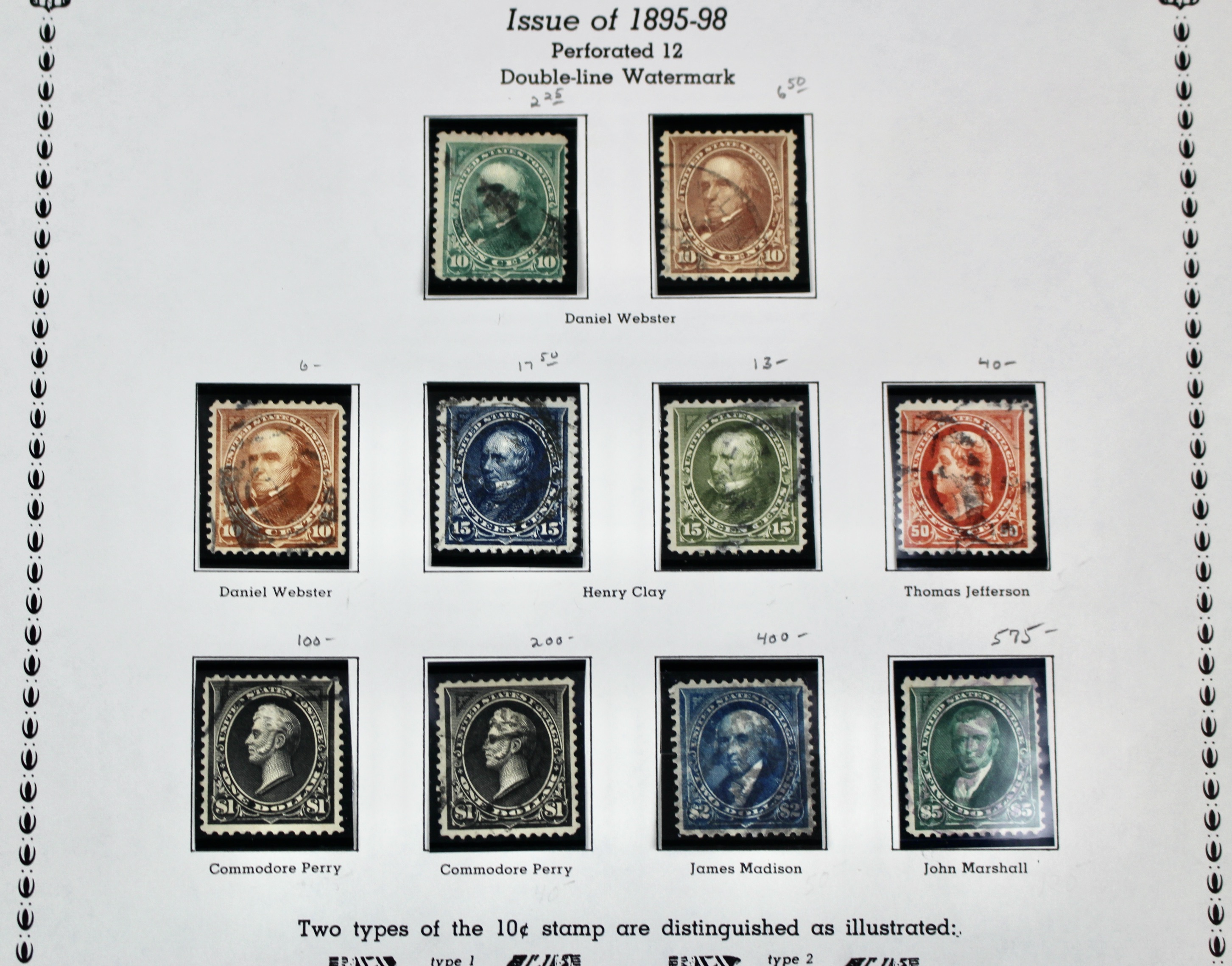 Ten Used U.S. Postage Stamps, Including Four High Value, 1895 to 1898