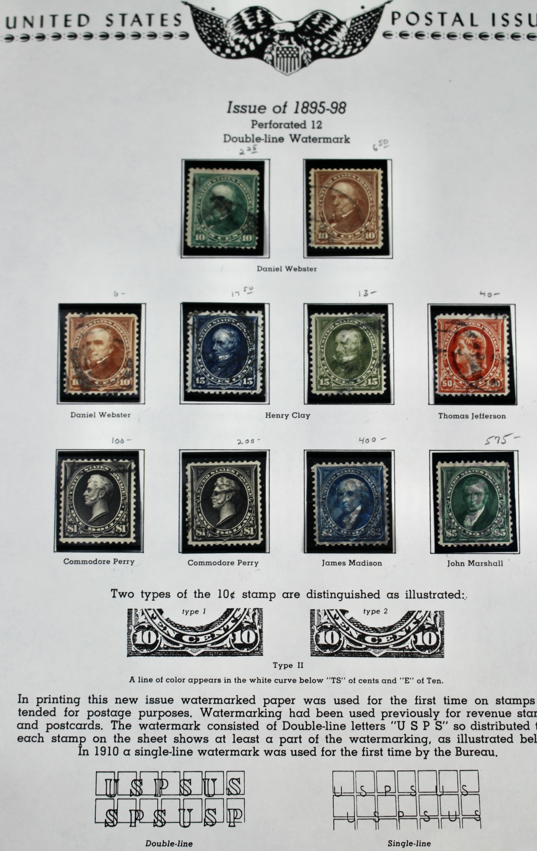 Ten Used U.S. Postage Stamps, Including Four High Value, 1895 to 1898