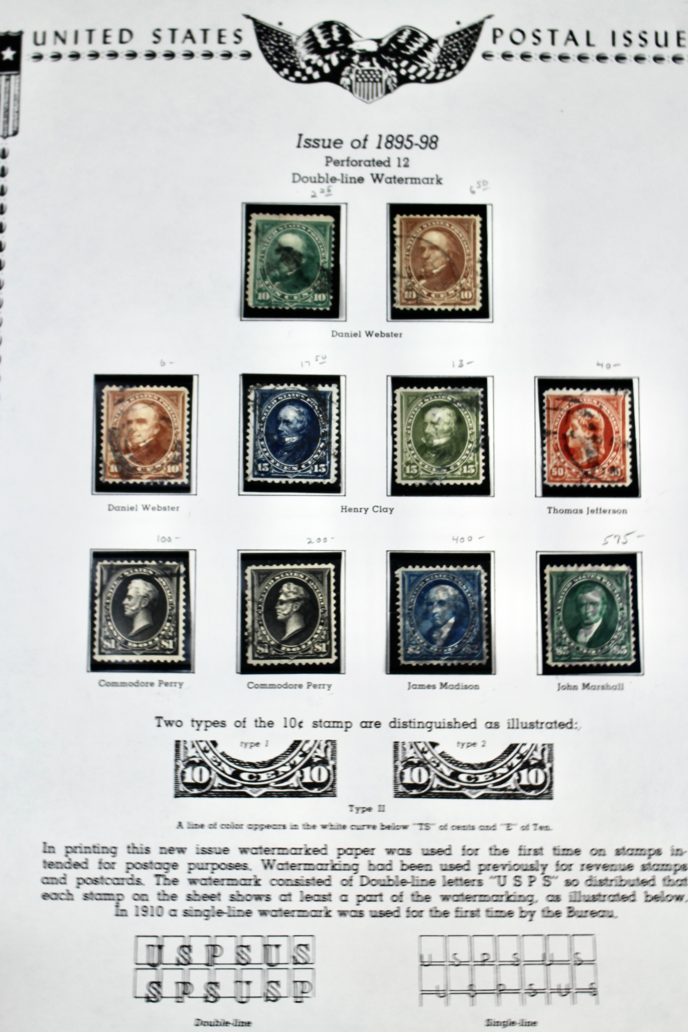 Ten Used U.S. Postage Stamps, Including Four High Value, 1895 to 1898